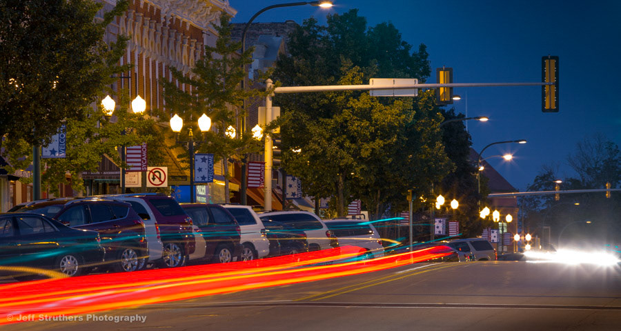 State Street Early AM   - North Side - with car light streaks  -  Sycamore, IL