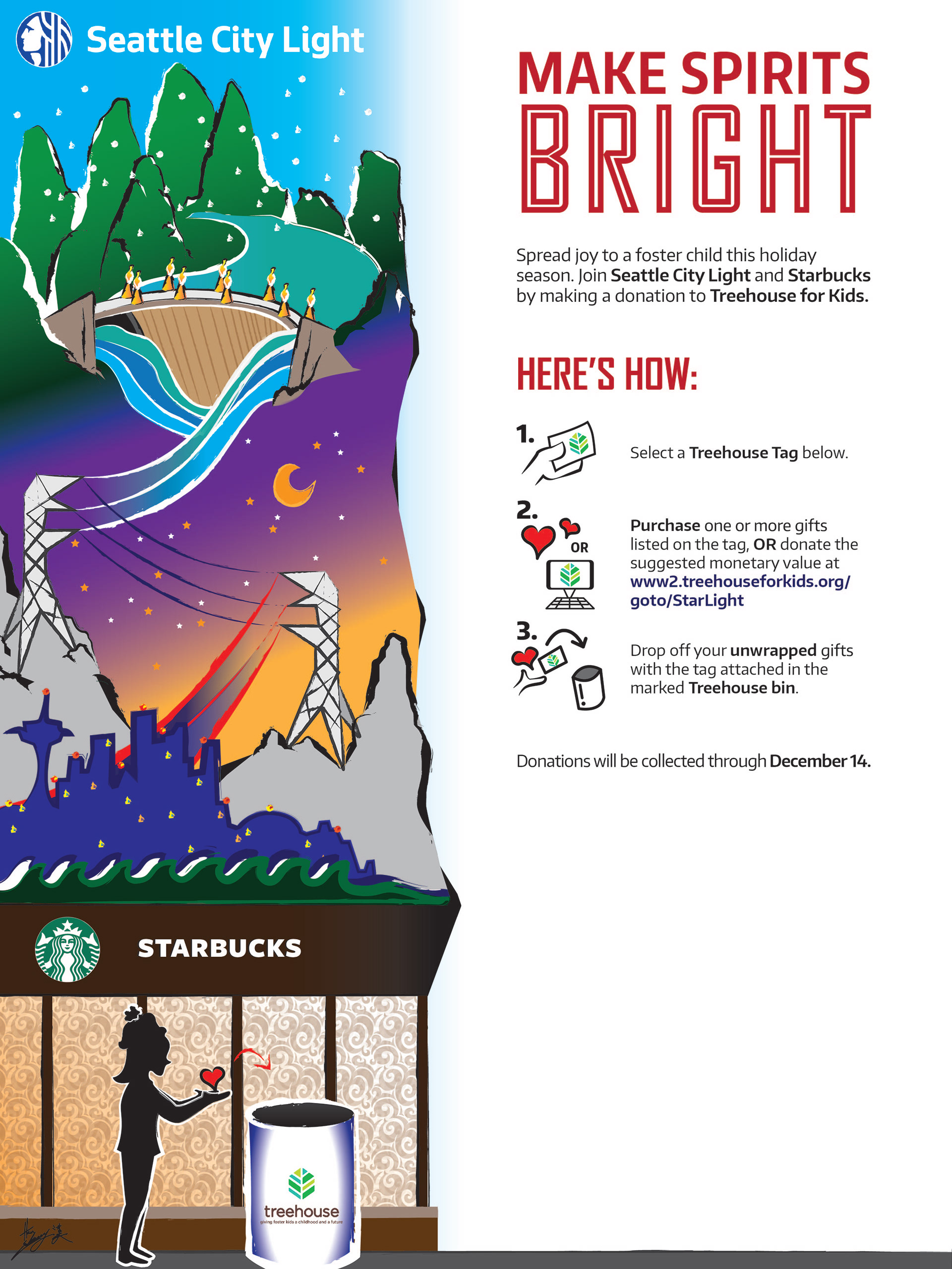 MAKE SPIRITS BRIGHT - Treehouse X Starbucks X City Light Holiday Fundraiser - 42x56 Poster