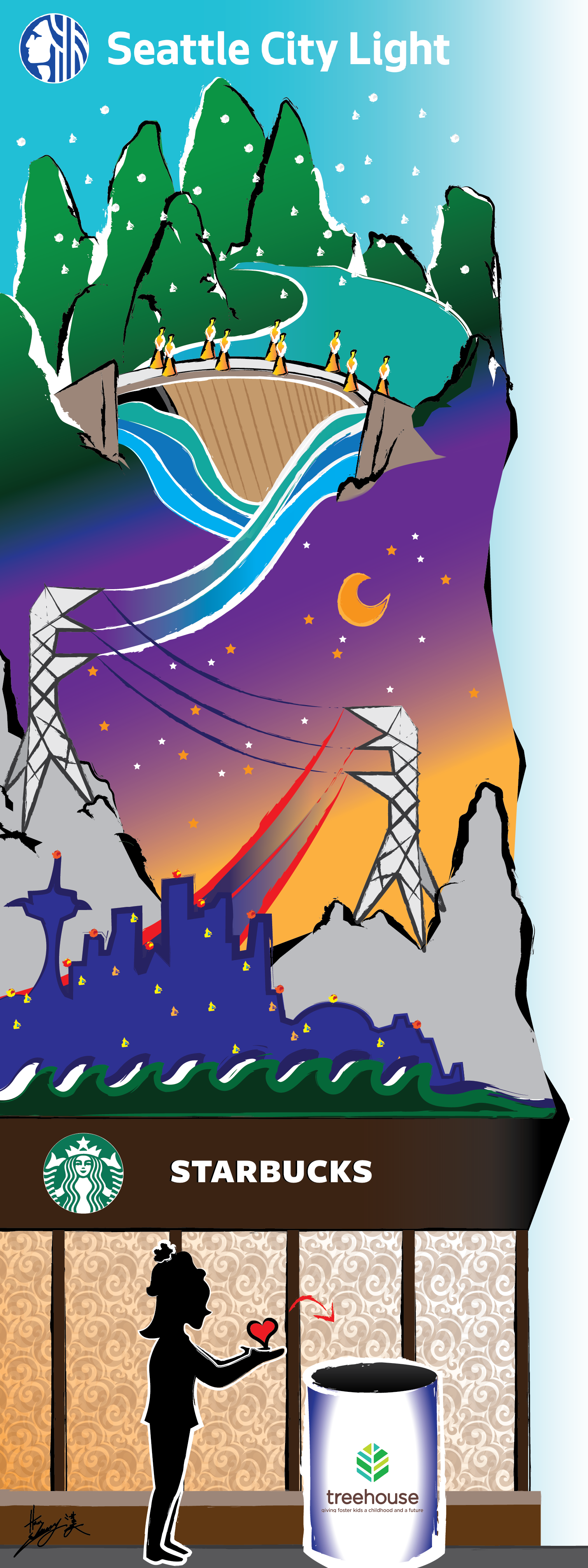 Final - Treehouse X Starbucks X City Light Holiday Fundraiser - Mural: a Distributon of Giving Good Energy - Designed Dec. 2018