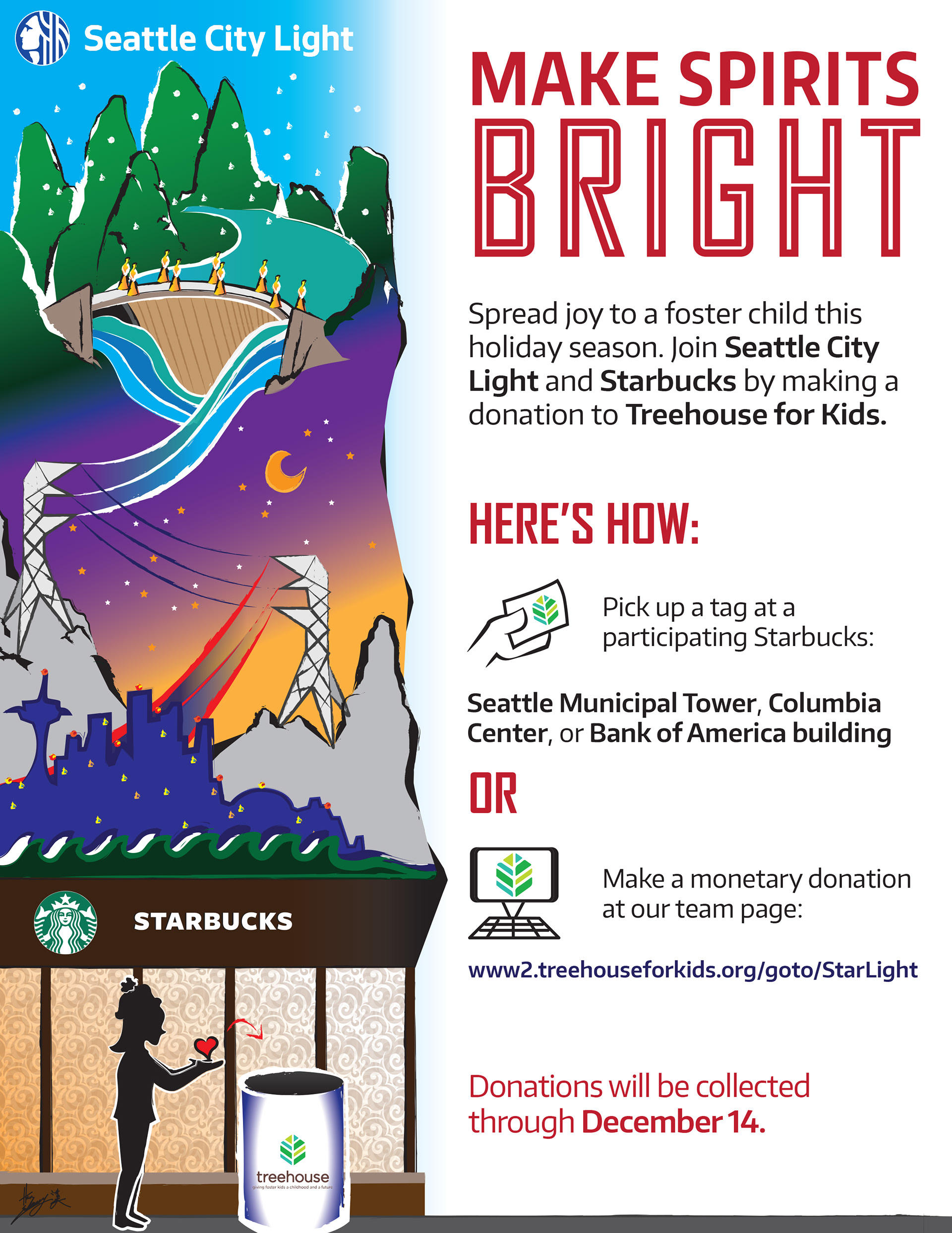 MAKE SPIRITS BRIGHT - Treehouse X Starbucks X City Light Holiday Fundraiser - One of the 8.5x11 Flyers
