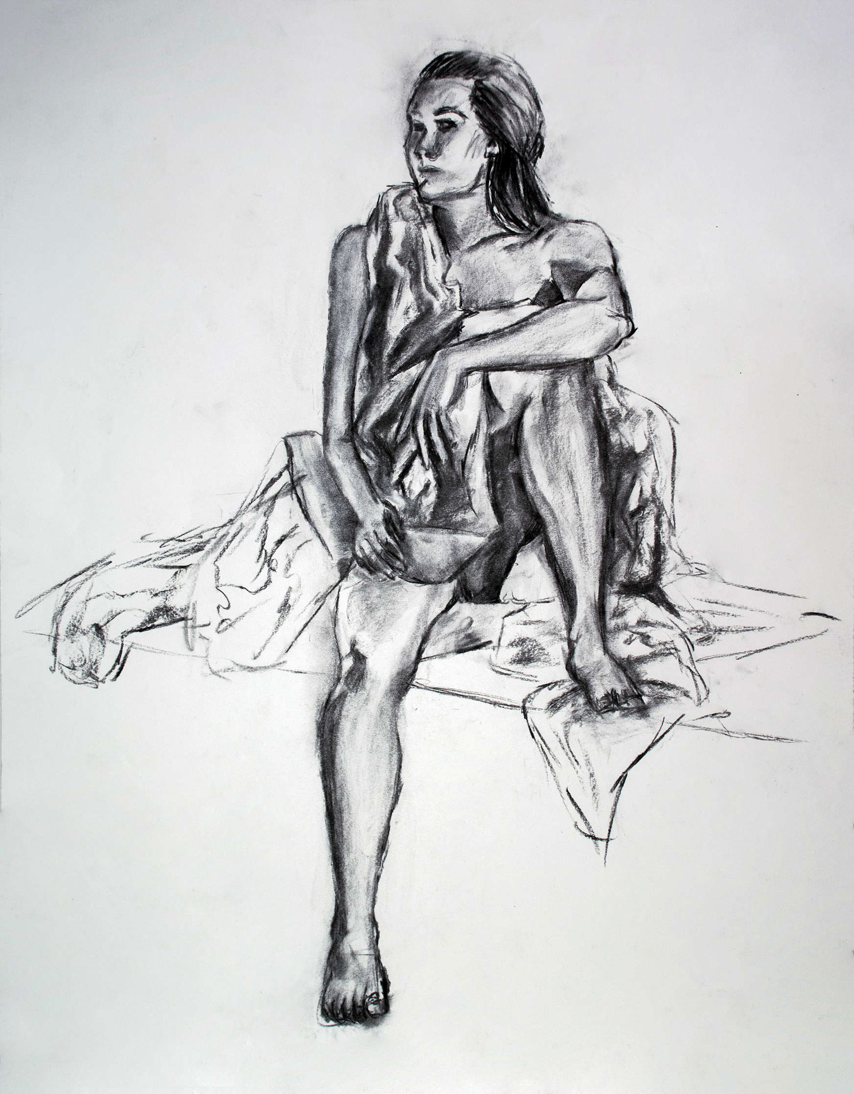 15 minute timed figure drawing. Charcoal on white paper.