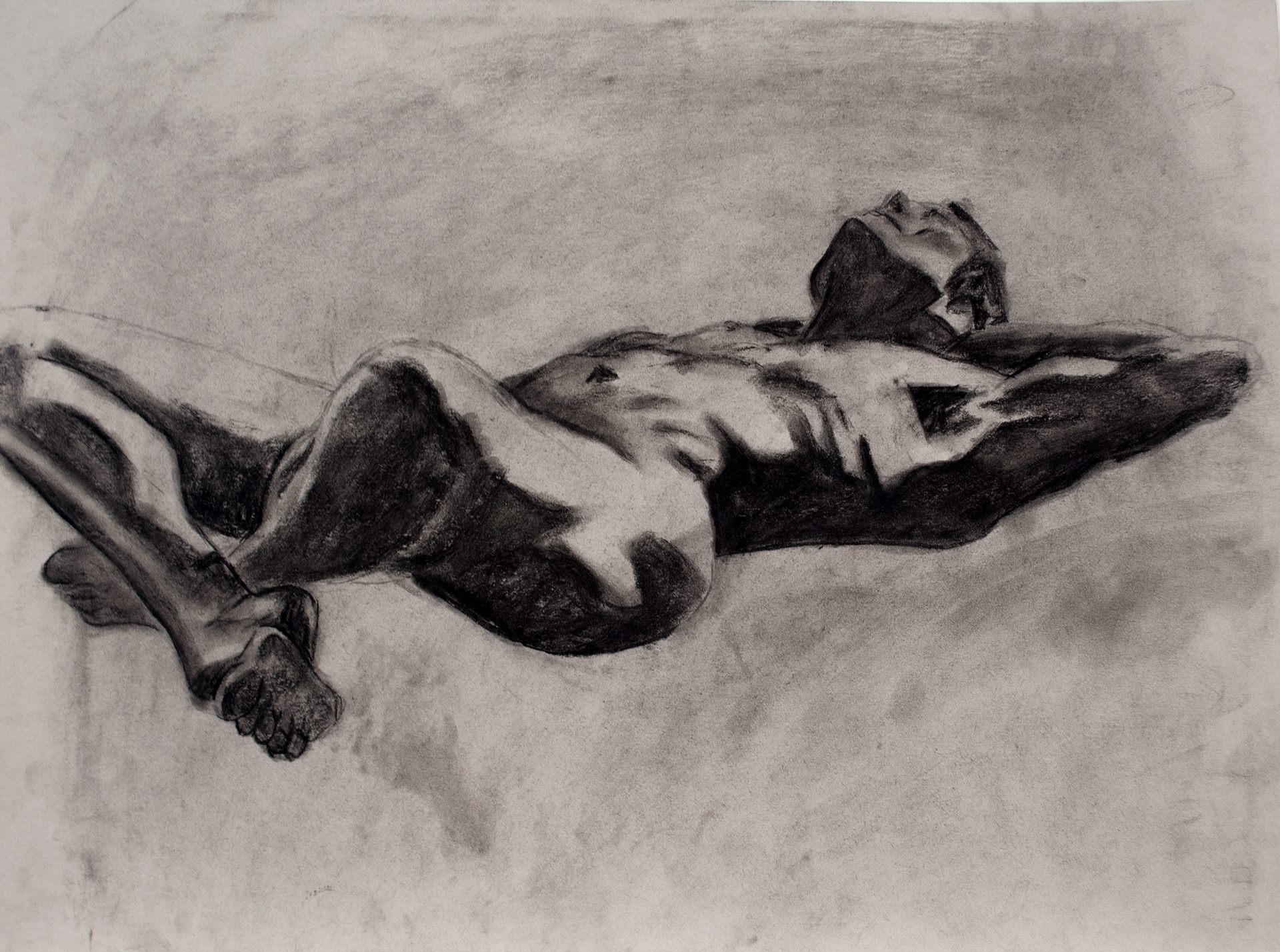 10 minute timed figure drawing. Charcoal on toned paper.