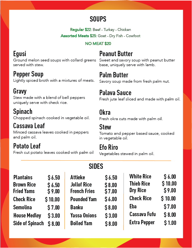 Back page restaurant menu