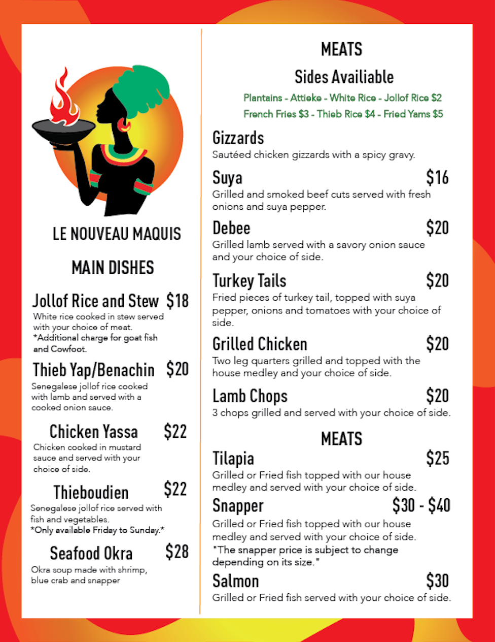 Front page restaurant menu