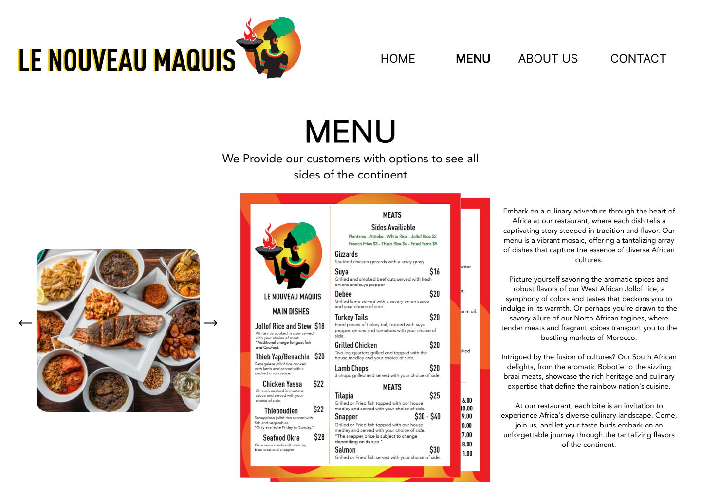 Full food menu on the menu page of website