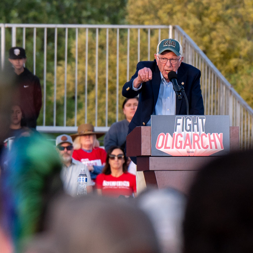 Bernie Sanders addresses the crowd during the "Fight Oligarchy" rally in Folsom, California on April 15th, 2025.