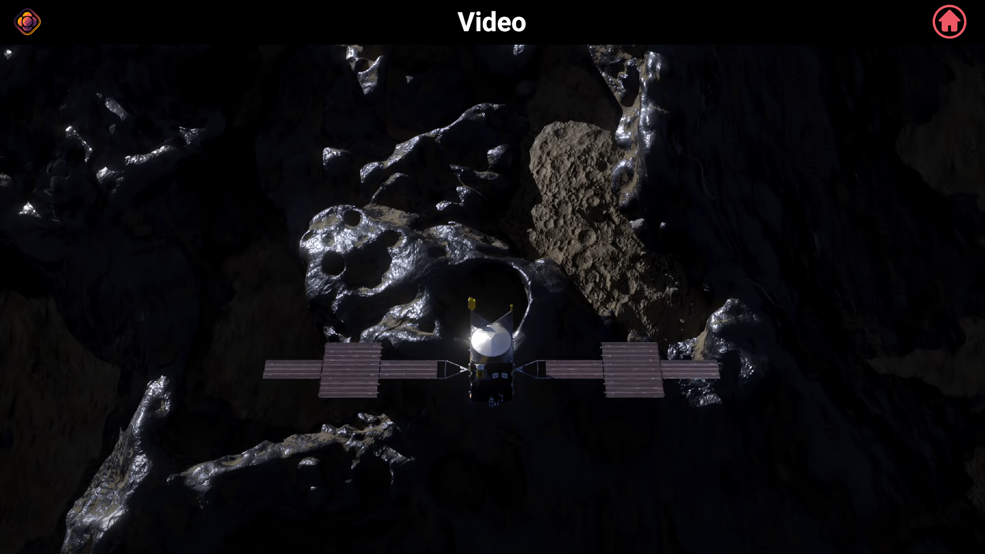 Video showing 3D model of spacecraft navigating through space.