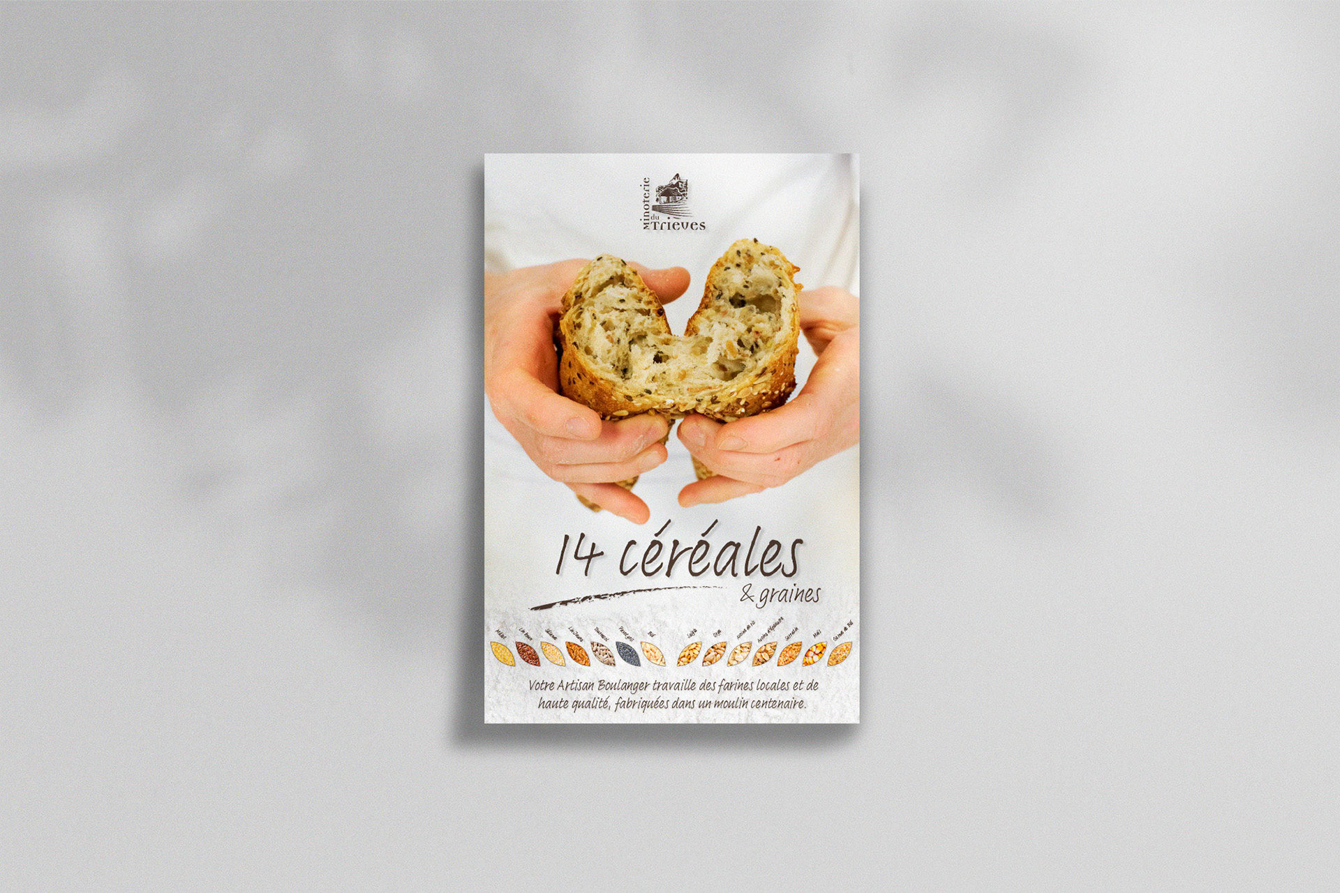 Affiche de la Minoterie du Trièves pour présenter la farine aux 14 céréales.