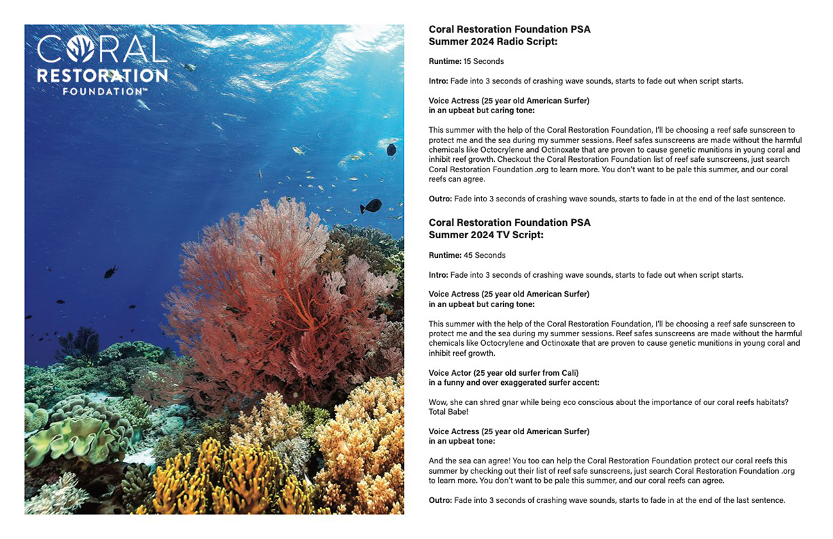 Coral Restoration Foundation PSA Script, Indesign, 11 x 17 in