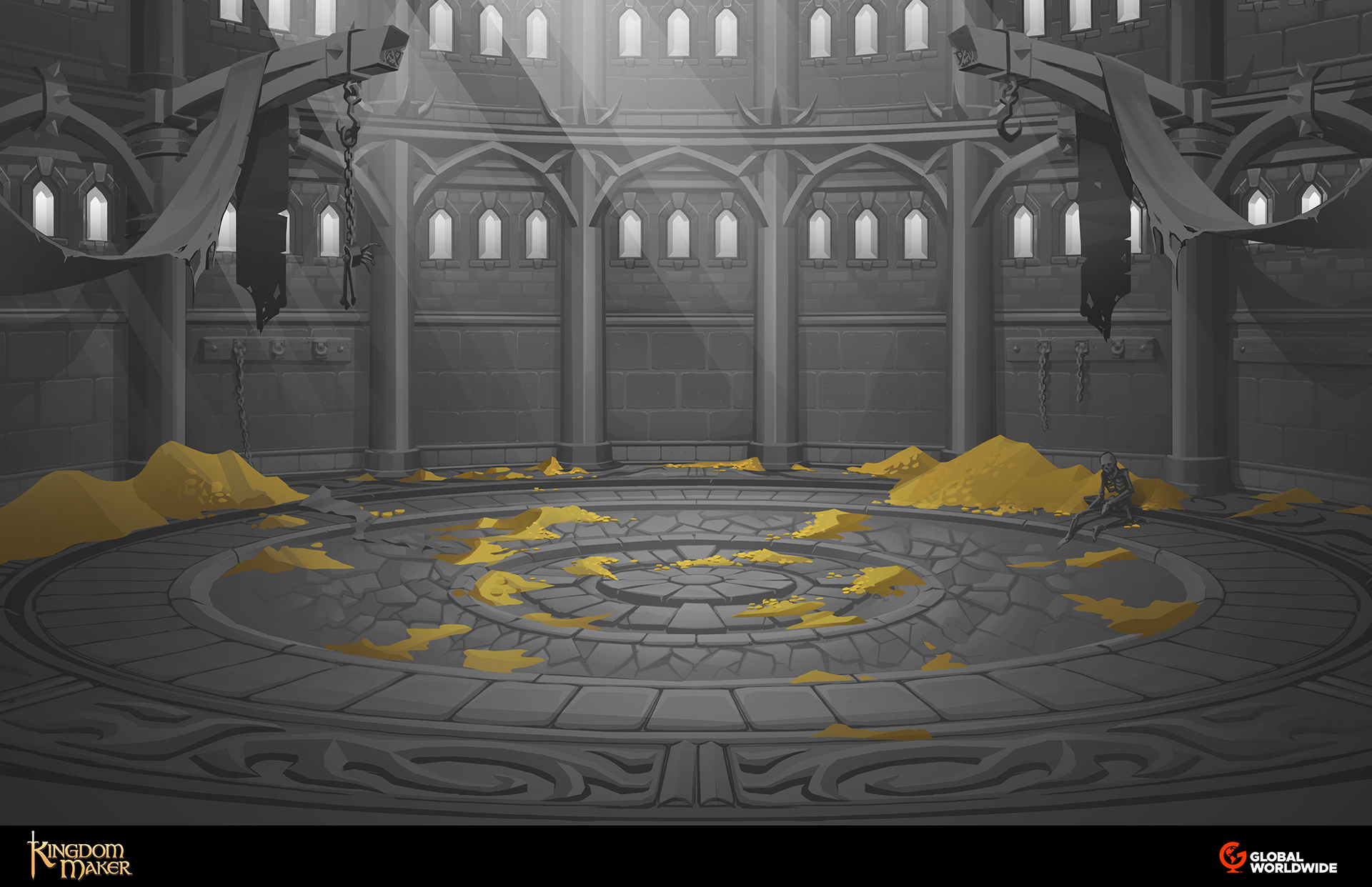 My initial gray block-out of the scene. focusing on lighting and values to achieve a certain ambience