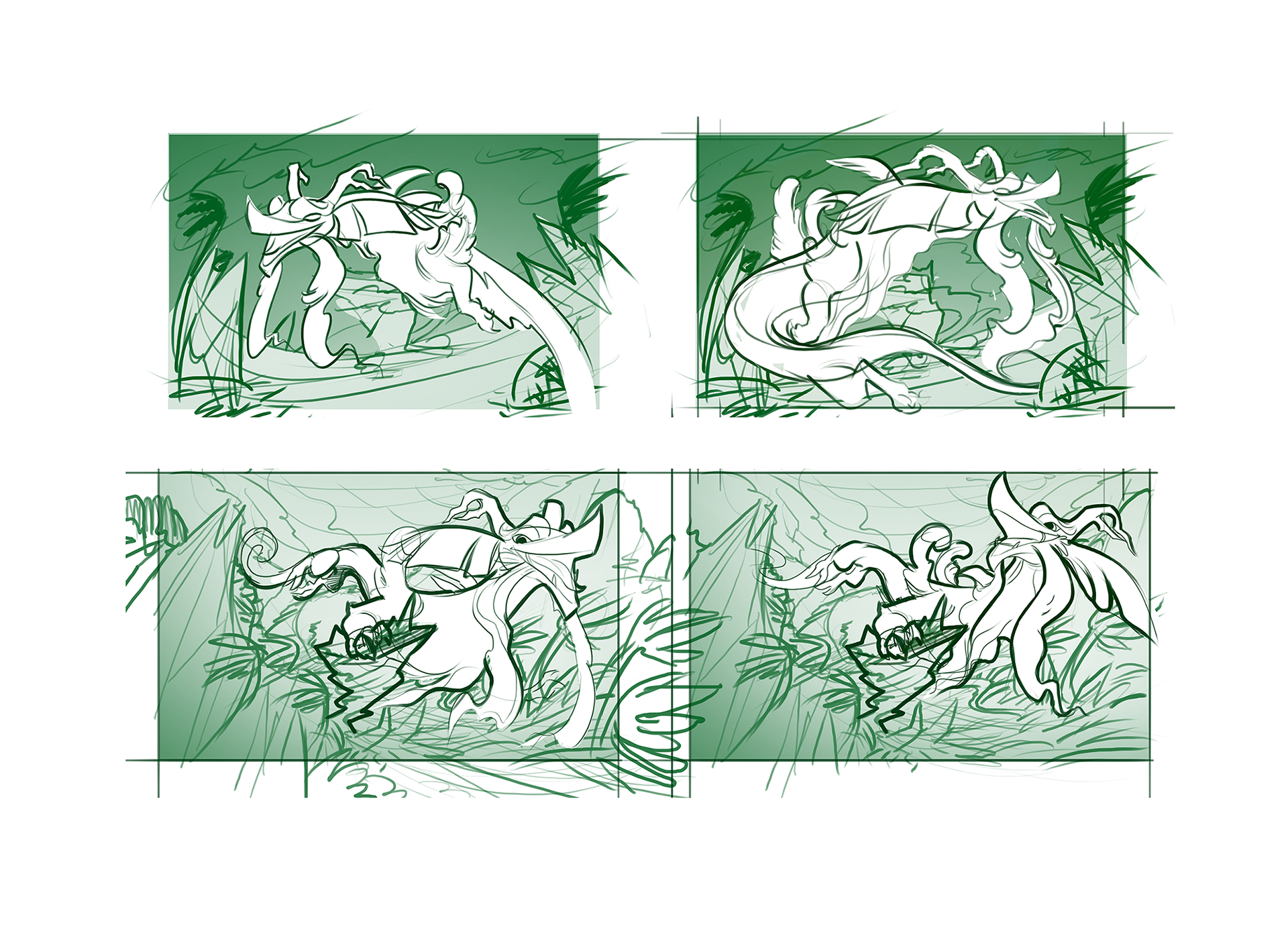 Some thumbnails to get a sense of how I'd go about this illustration. I focused on composition and movement in this stage.