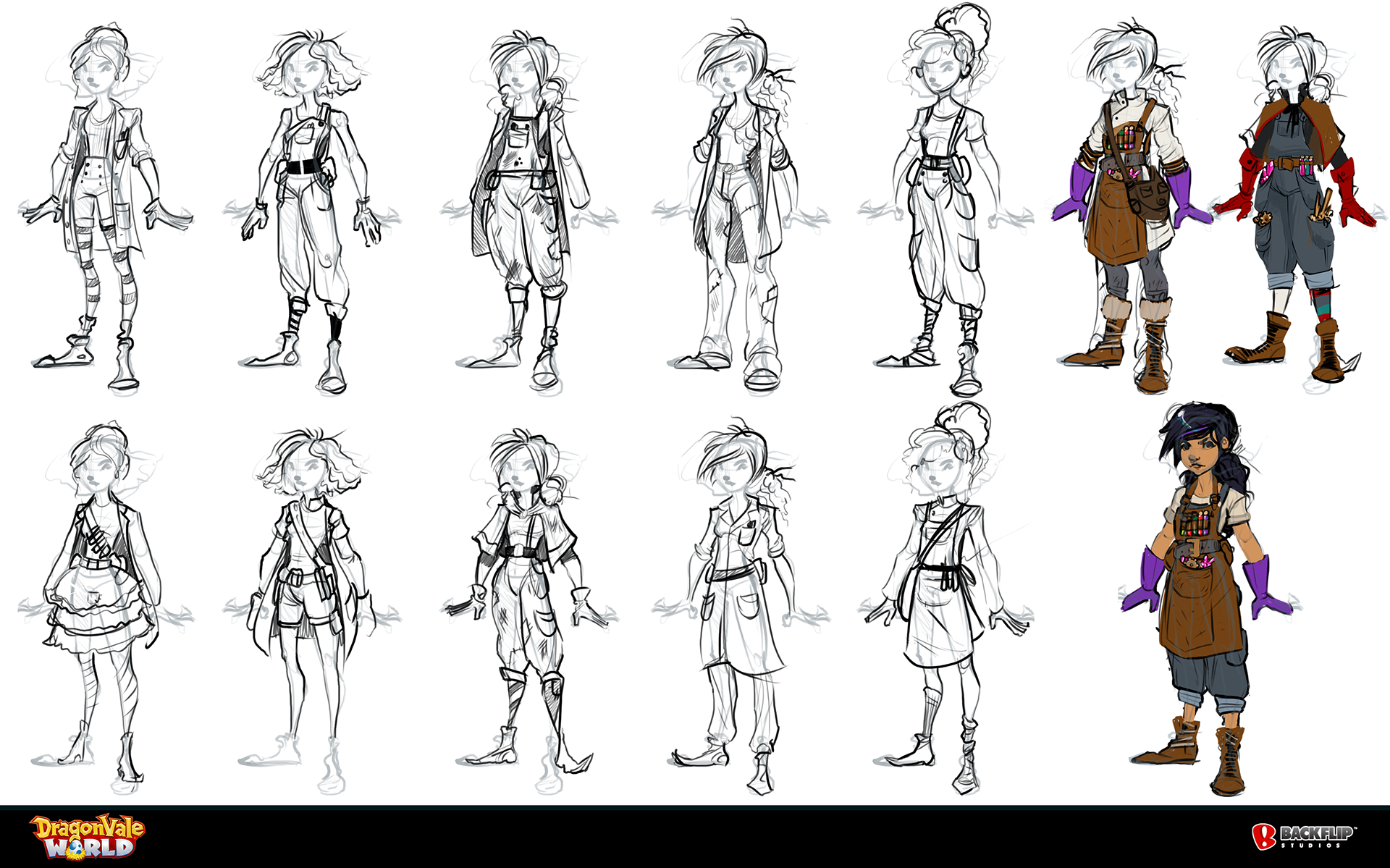A description of Azza was provided by the writer on our team; a lanky, easily-distracted, alchemist. I had a sense of how she'd look right away and just needed to give her a good outfit/equipment that would emphasize her silhouette further.