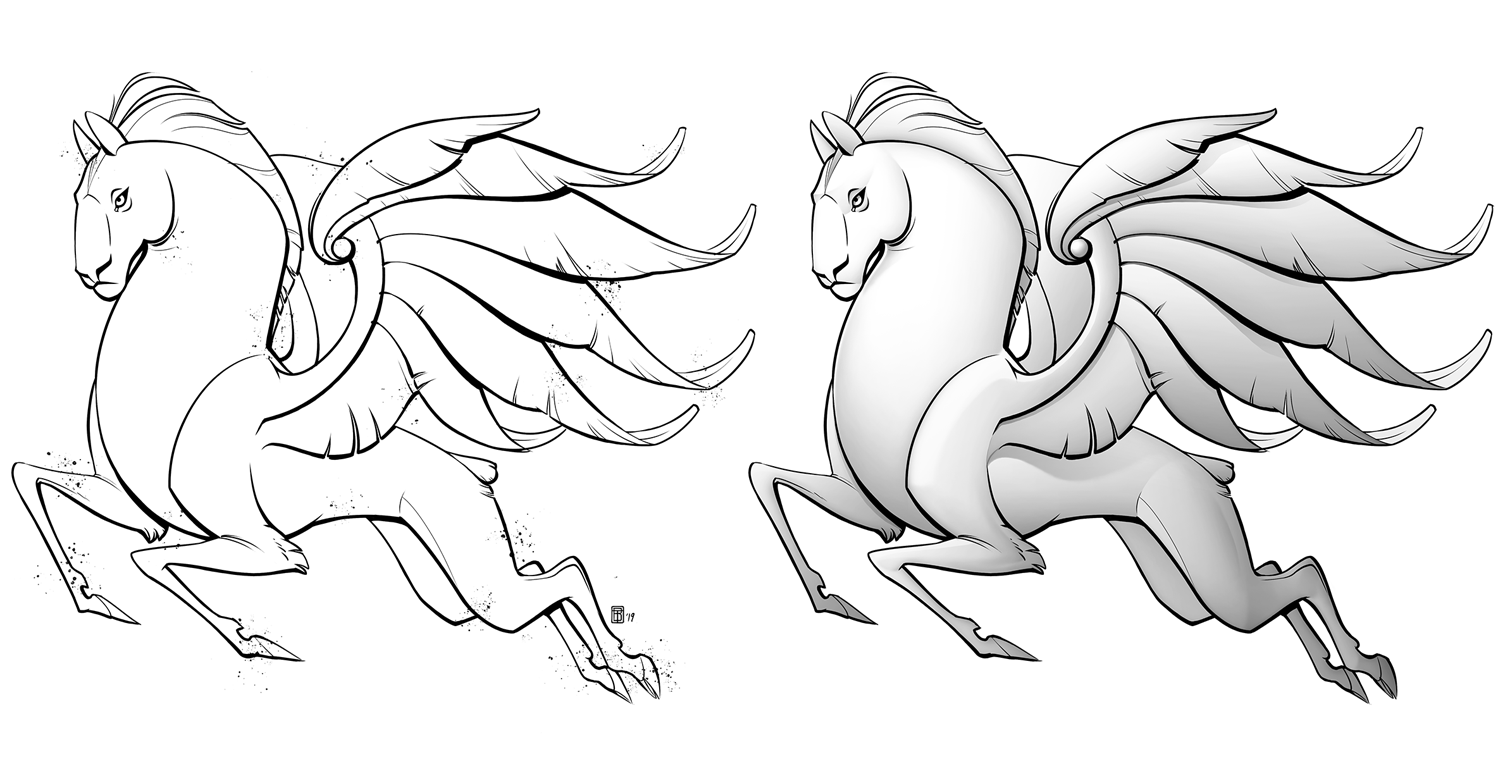 To the left is the final line-art; and to the right is where I defined the shading & highlights.