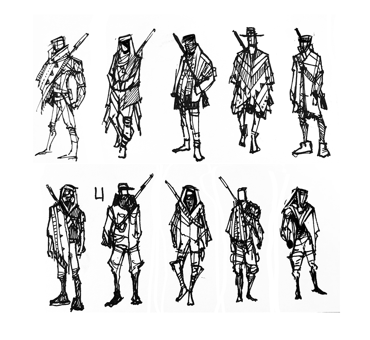 Initial thumbnails. These were very small and quick - drawn in my sketch book. Here I focused on the silhouette and patterning on the armor.