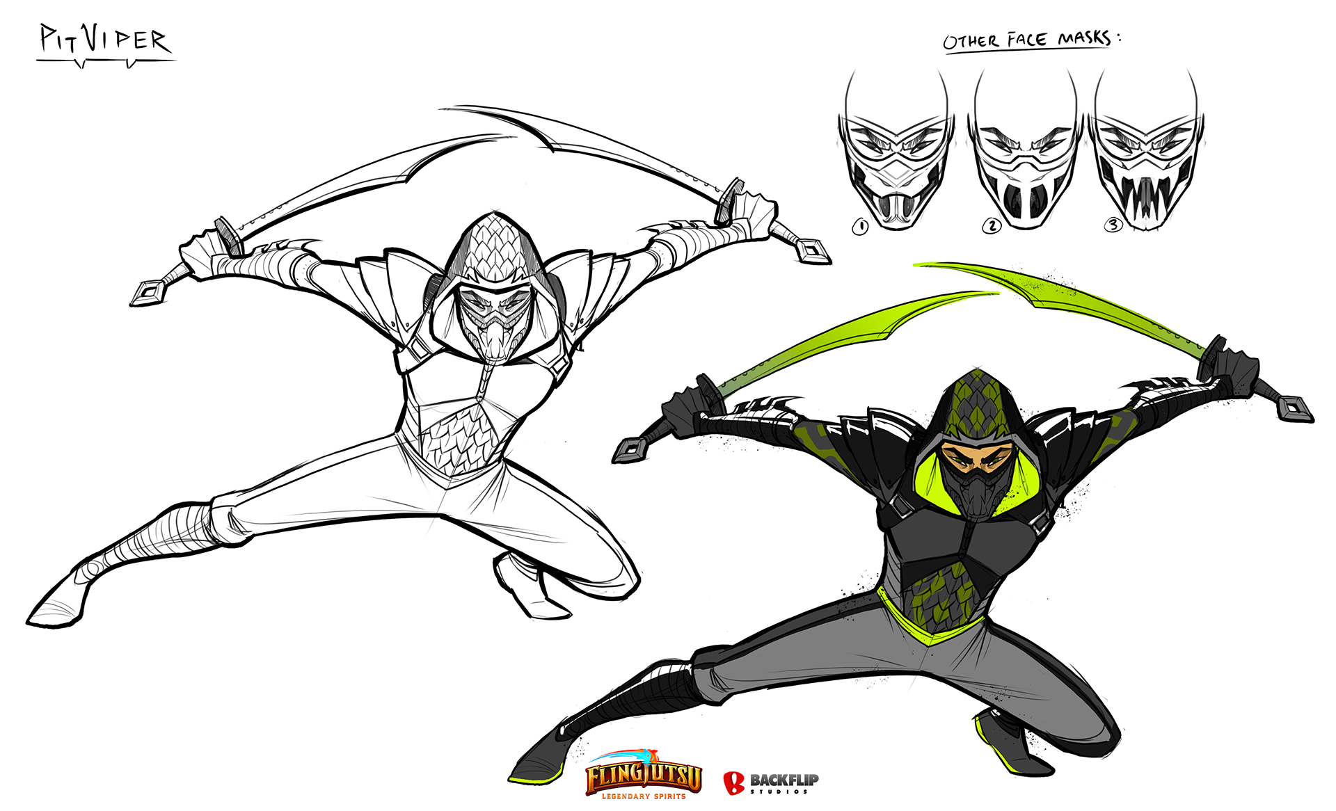 Pit Viper's final sketch, alternative face-mask ideas, and color sketch.