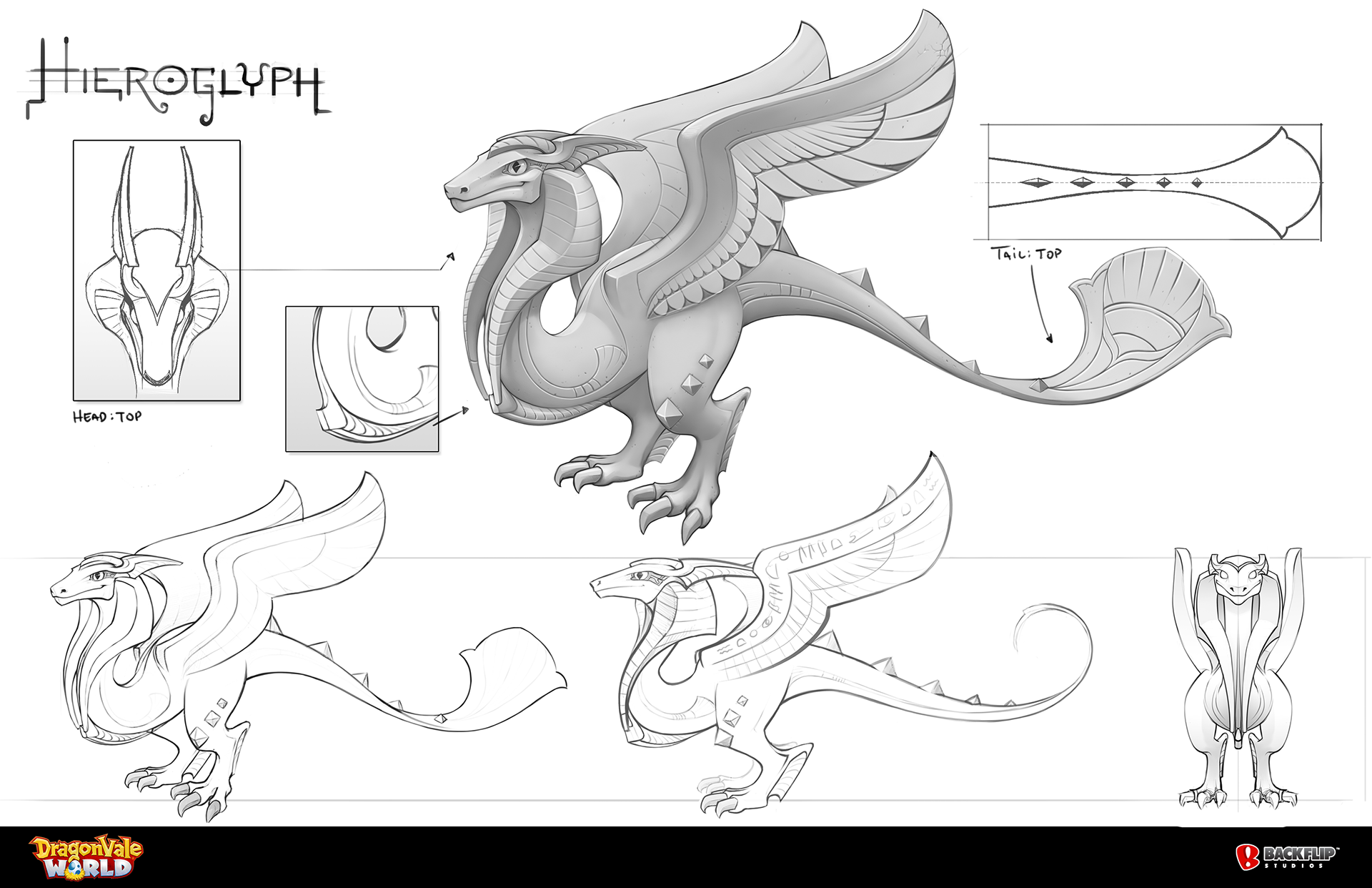 A spec sheet including Hieroglyph's final grayscale shading, break-out shots to clarify some areas, and turnaround (3/4, Side, and Front).