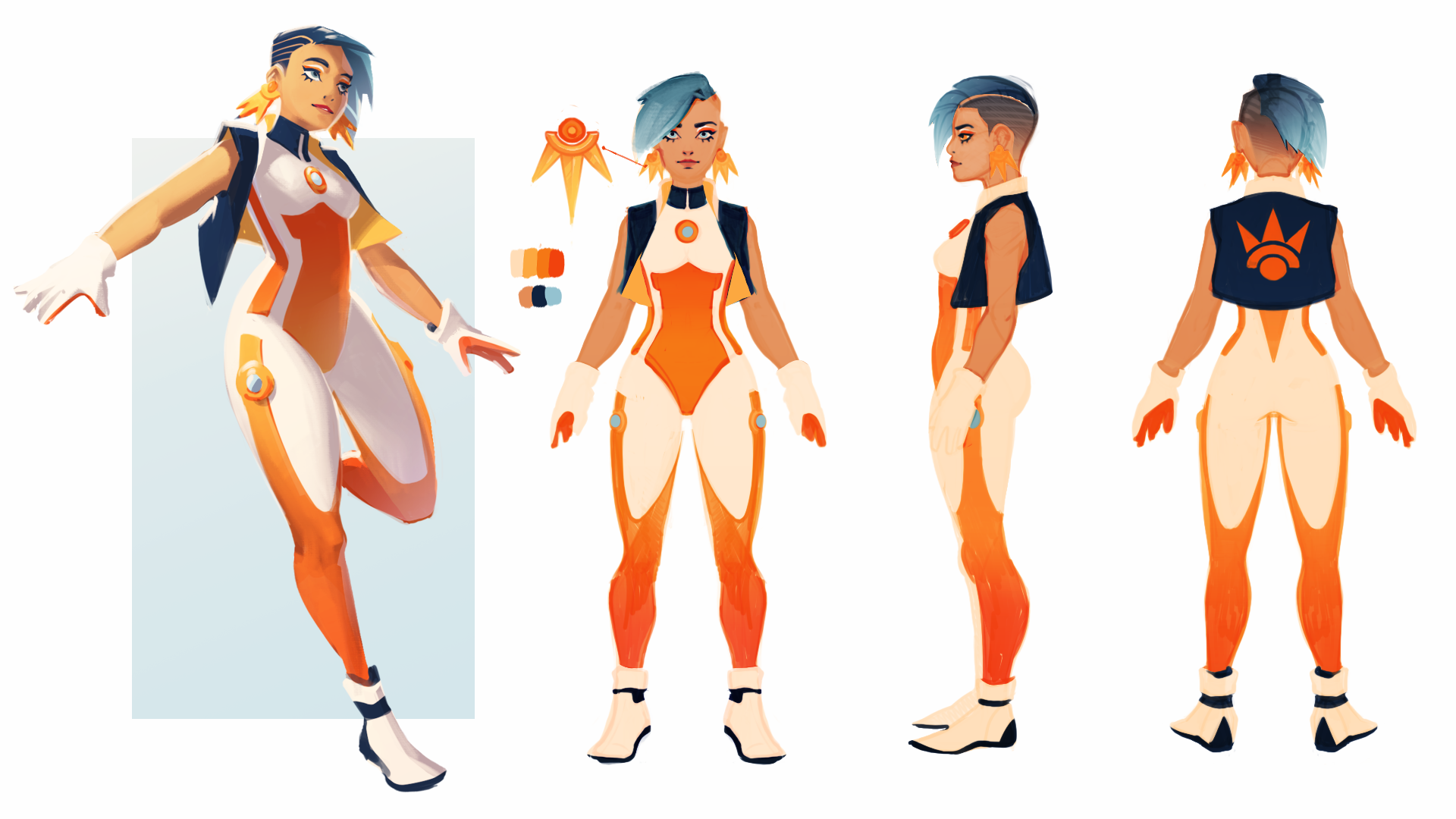 A sci-fi character Turn Around; defined with minimal shapes, forms, and vibrant color.