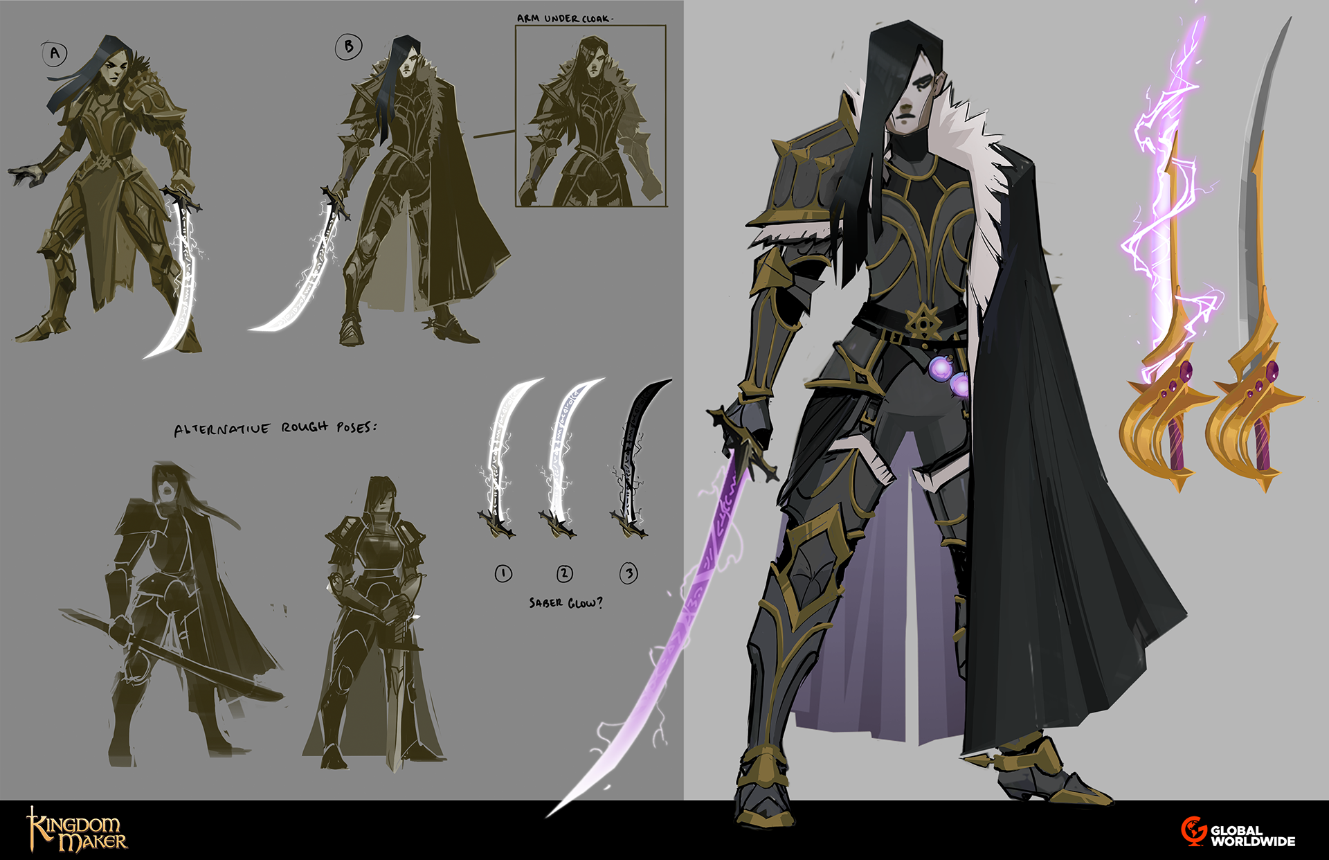 character creation process: sketches that focus on a cool silhouette and posing, her weapon design, and color pallet