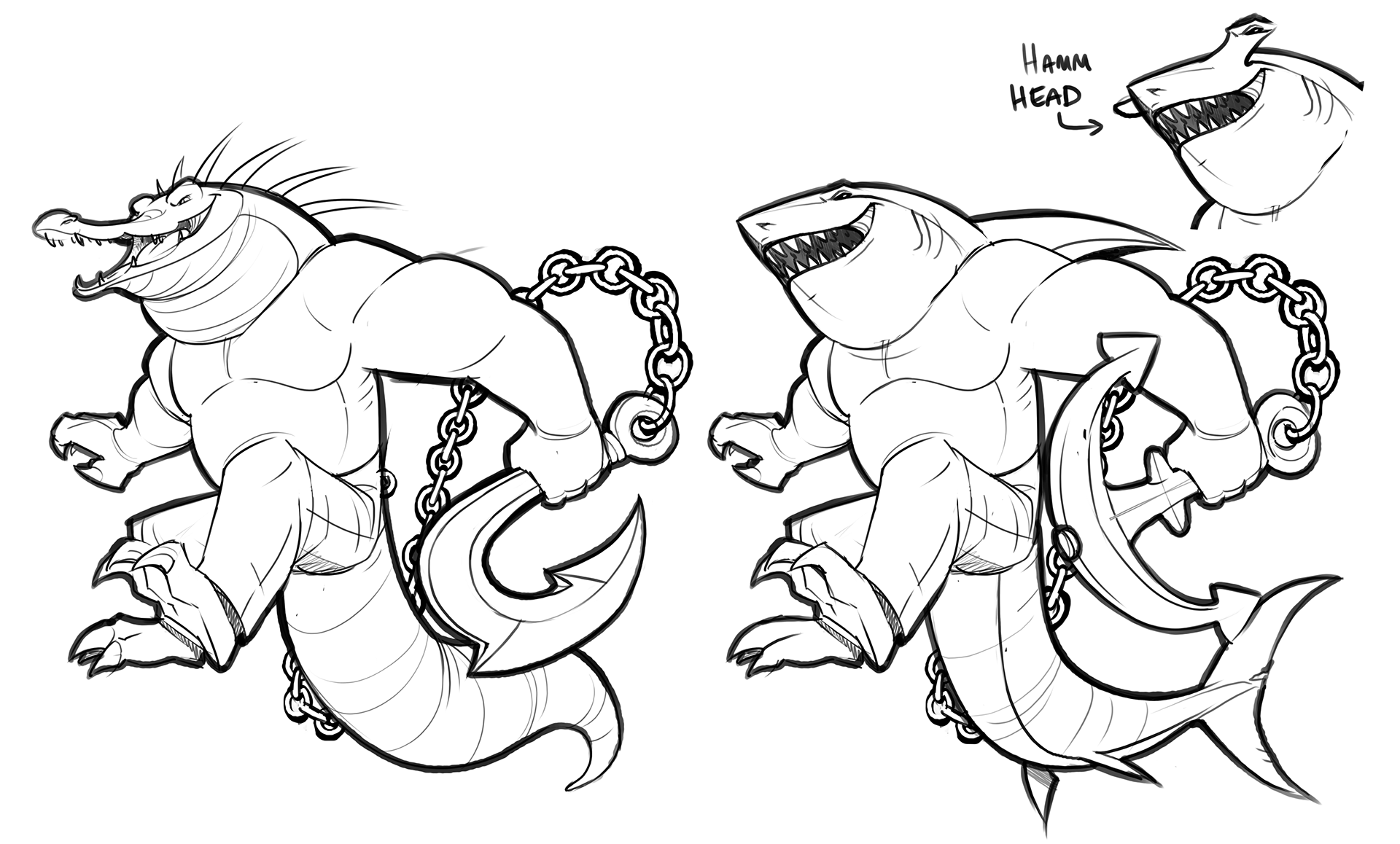 This character didn't require too much iteration in his sketches as the team was happy with the pose and personality. We were only stumped on the gator vs shark debate...