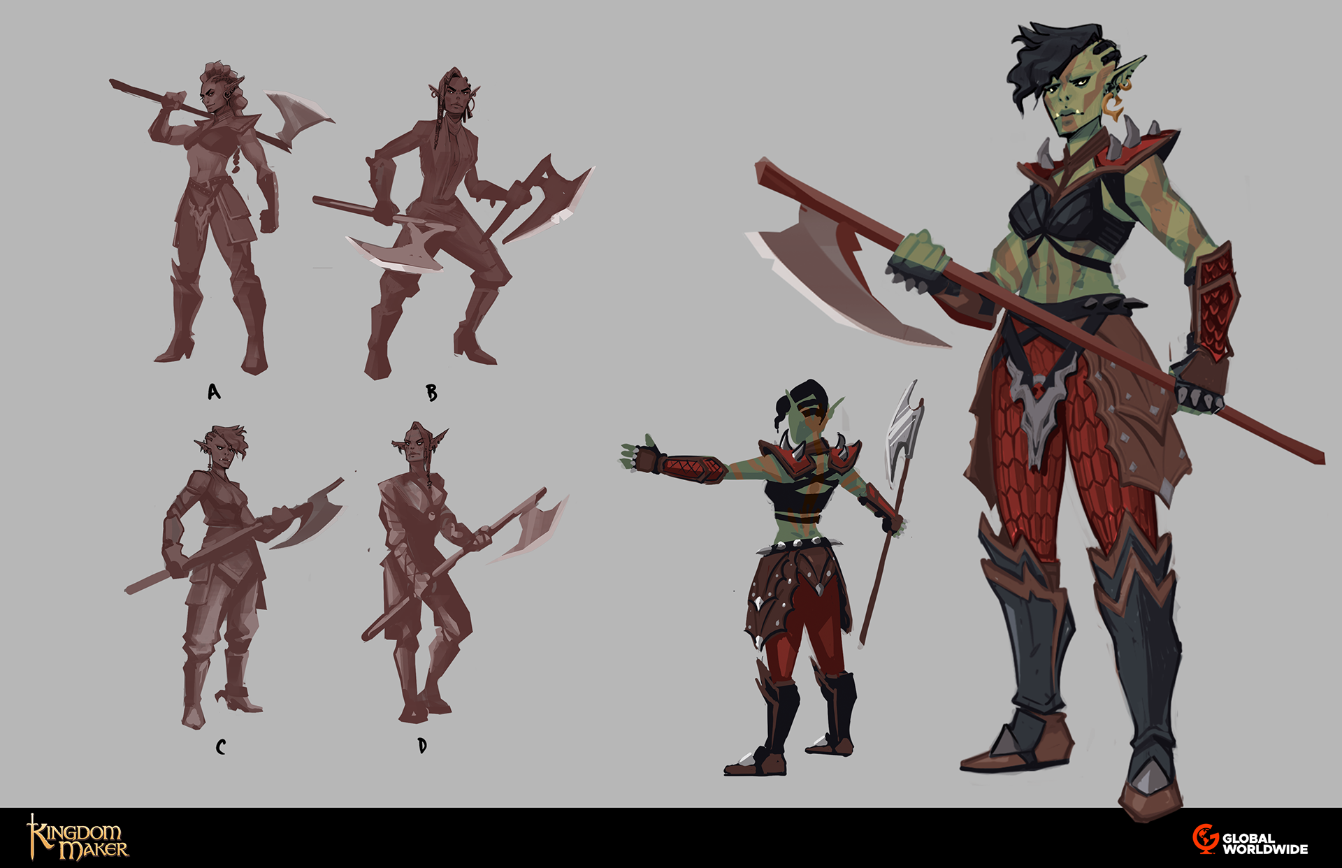 Process for creating this character. Focused on pose/silhouette and color pallet. A back view of this character was requested as well. 