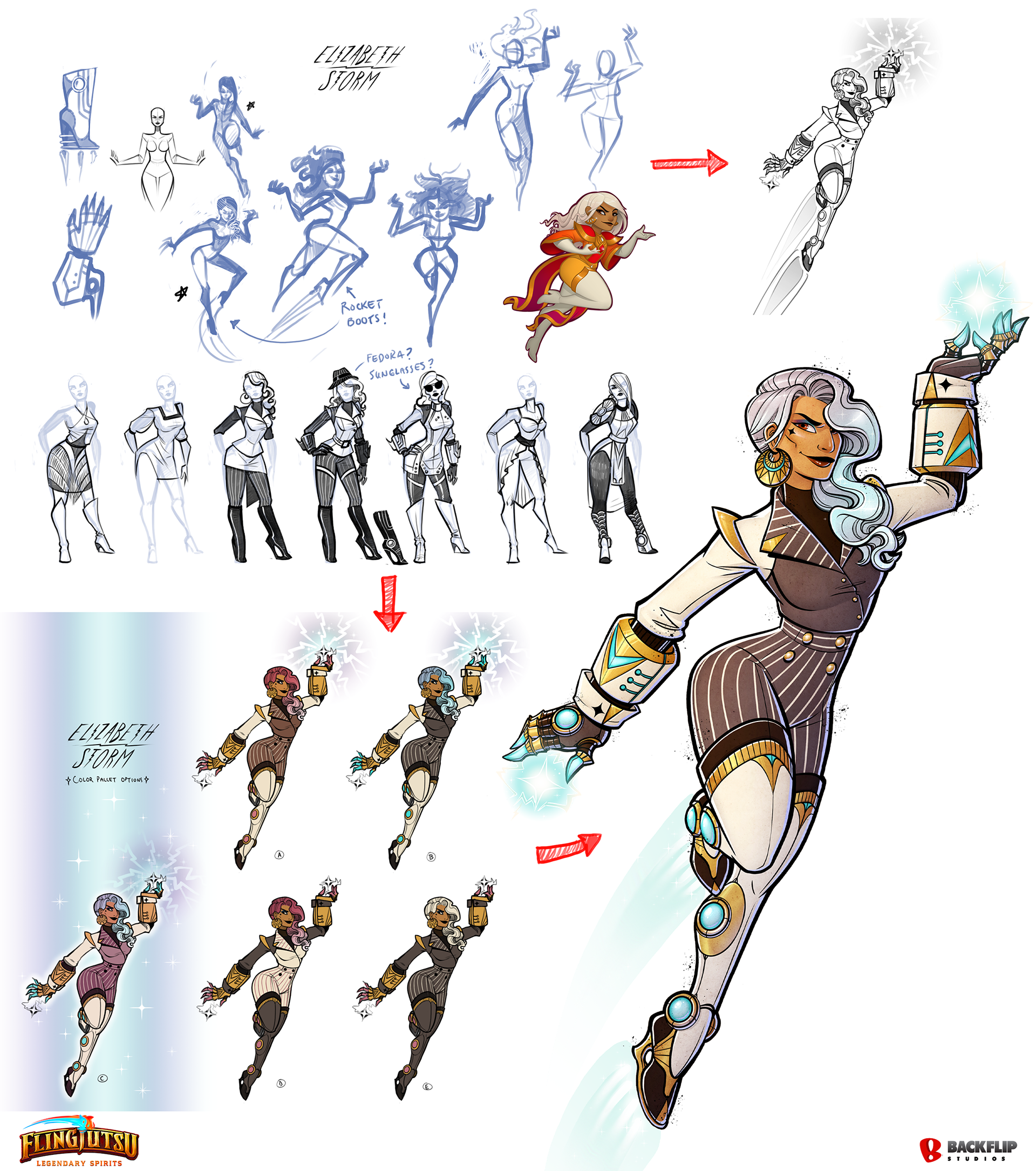 After receiving a description from a designer or writer from the team, this is how my process would typically go. Top Left: Initial thumbnails in which I focused on creating a confident, poised pose - I wanted her clothing/armor to accentuate a fiery, determined personality. Bottom Left to right: Color pallet options and the final key image.