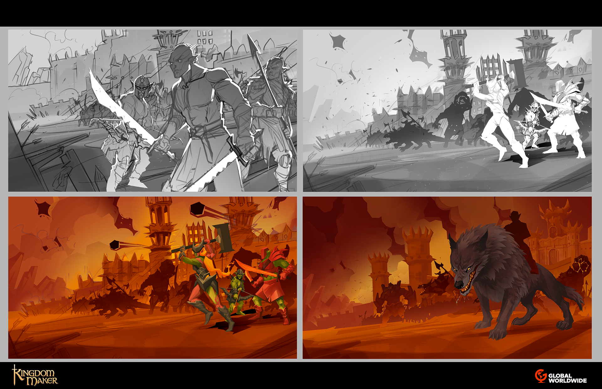 This was the process in creating this art. Starting from left to right - Direction and characters were changed as I went.