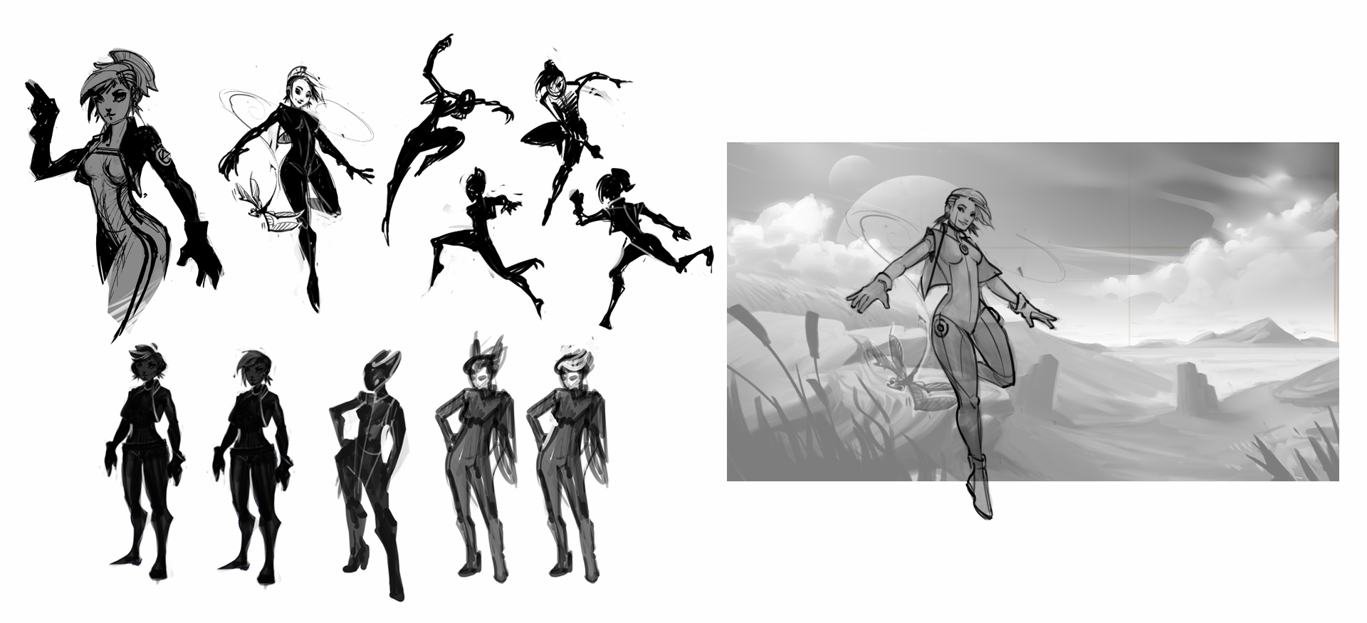 Character concepts focusing on the silhouette & pose; deciding placement in scene. 