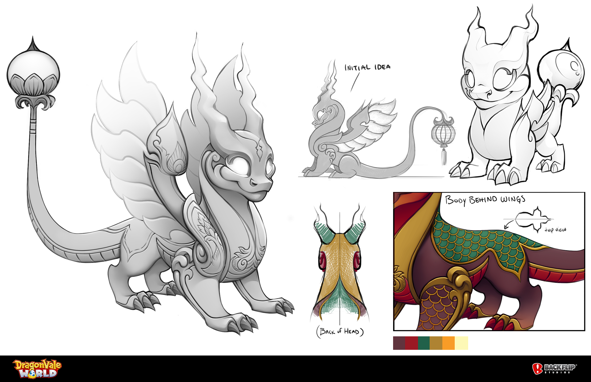 Left: Oracle grayscale shading. Center: break-down sketches. Right: color pallet and line art drawing of Baby Oracle.