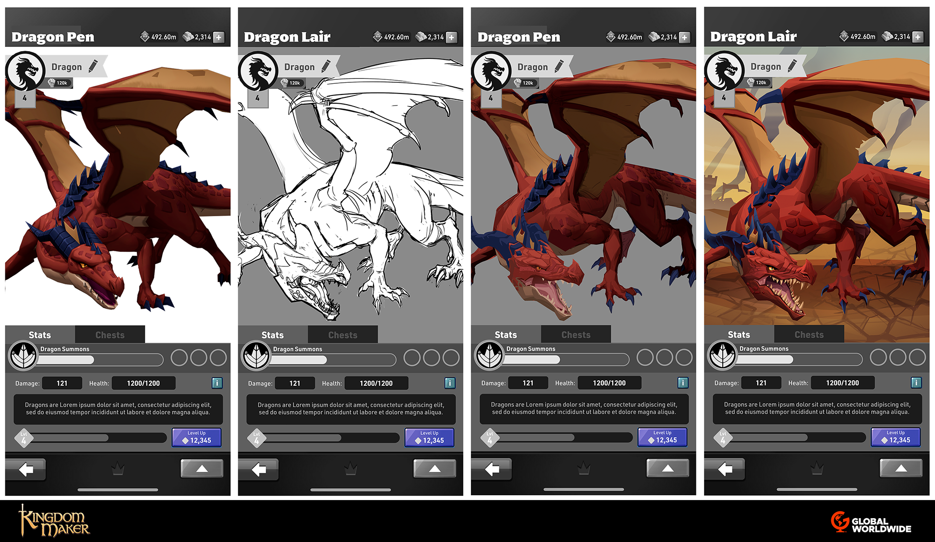 The process for this illustration was a bit different. The focus was to give our rough dragon model (on the left) a much fiercer look but with the intention to pitch this idea within Kingdom Makers UI frame work as well.