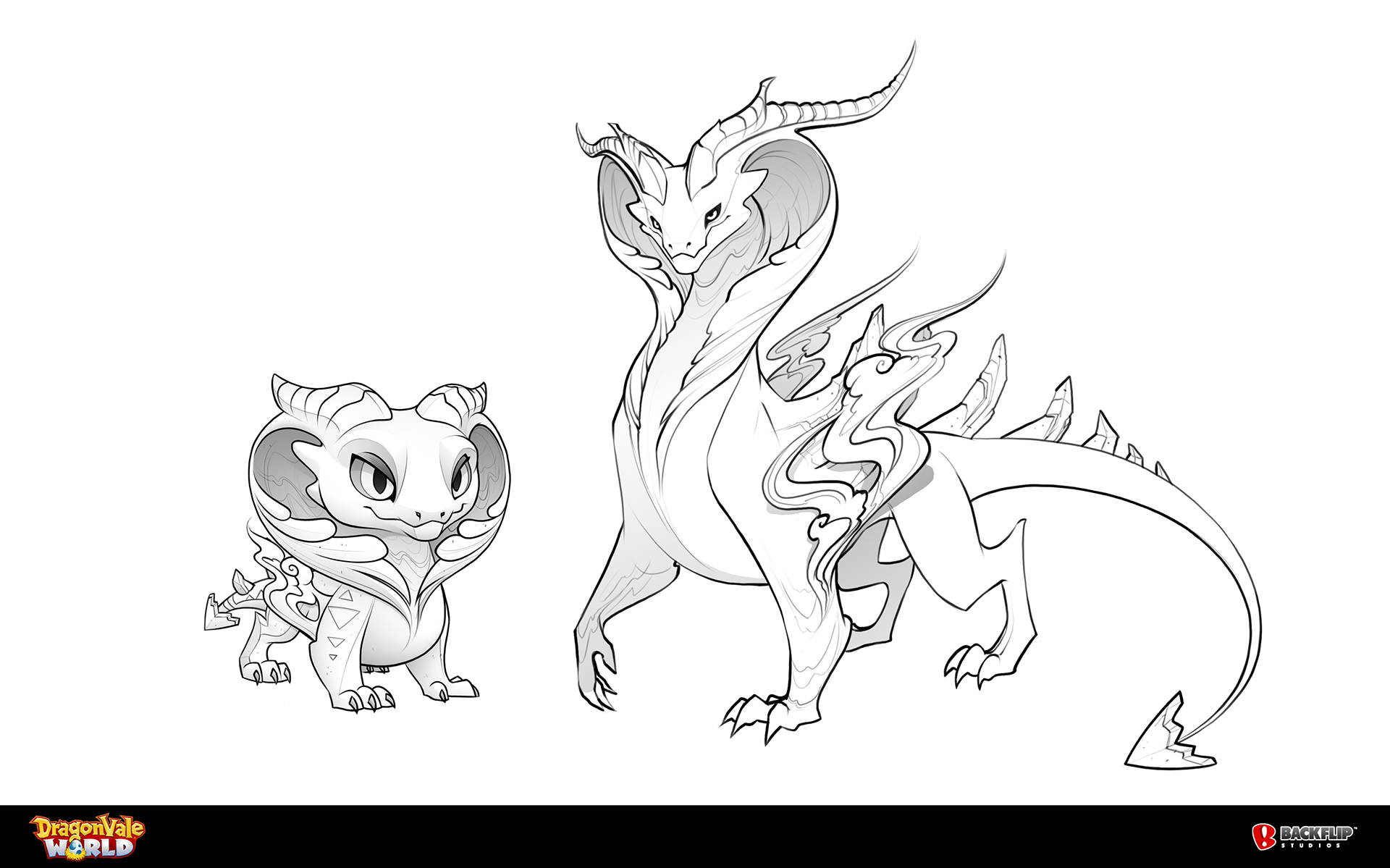 Baby and adult Dust Storm Dragon line art.