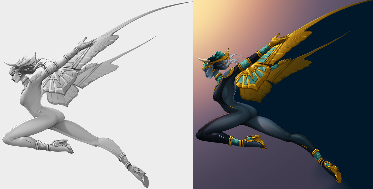 Left: final grayscale painting; Right: flat colors.