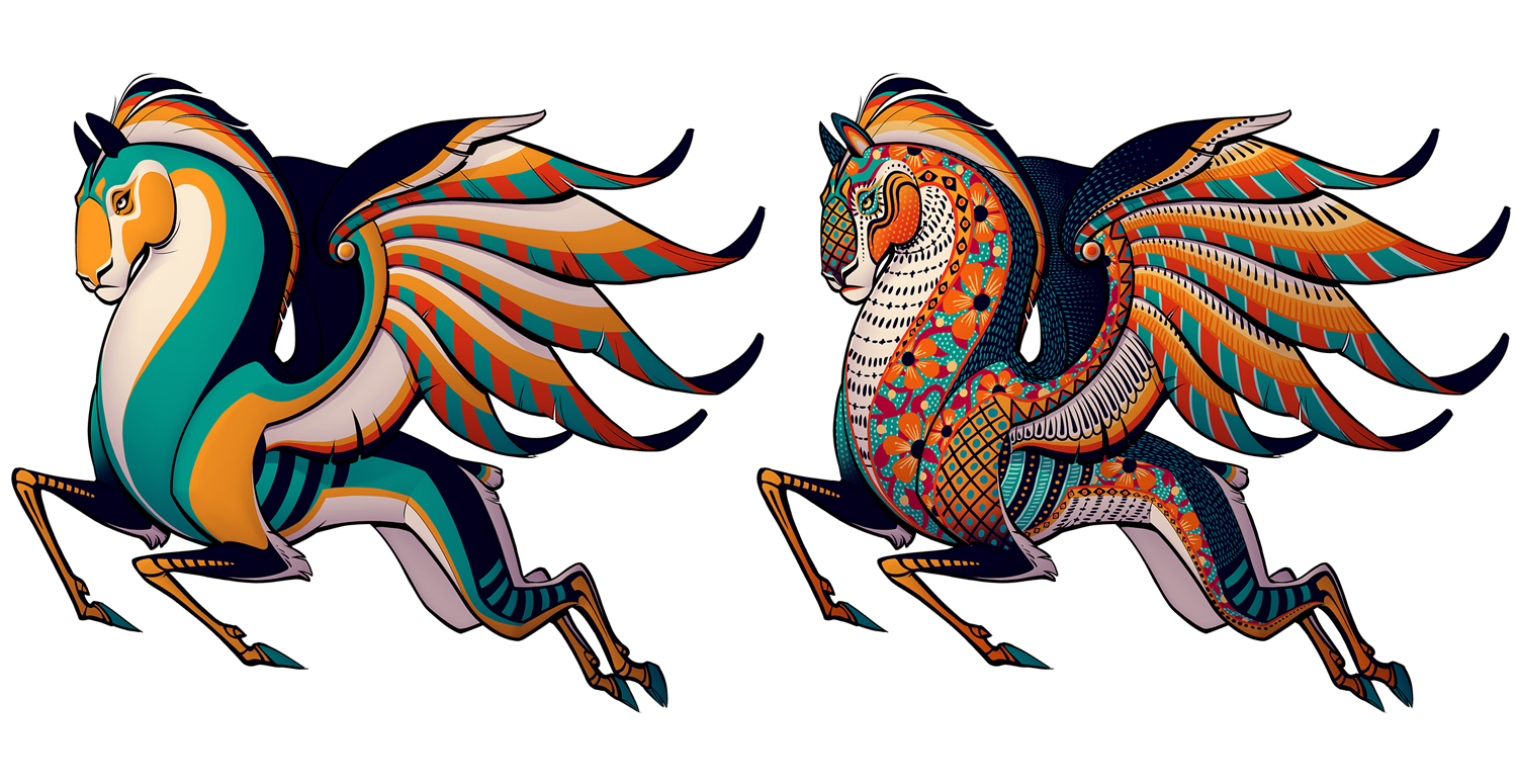 To the left, the flat colors are established; and To the right, the pattern-work is laid down.