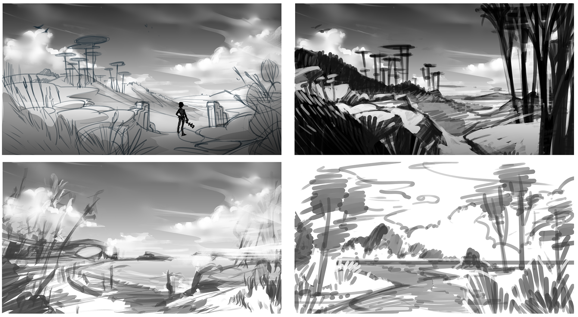 Very rough black & white thumbnails to figure out an environment for the character.