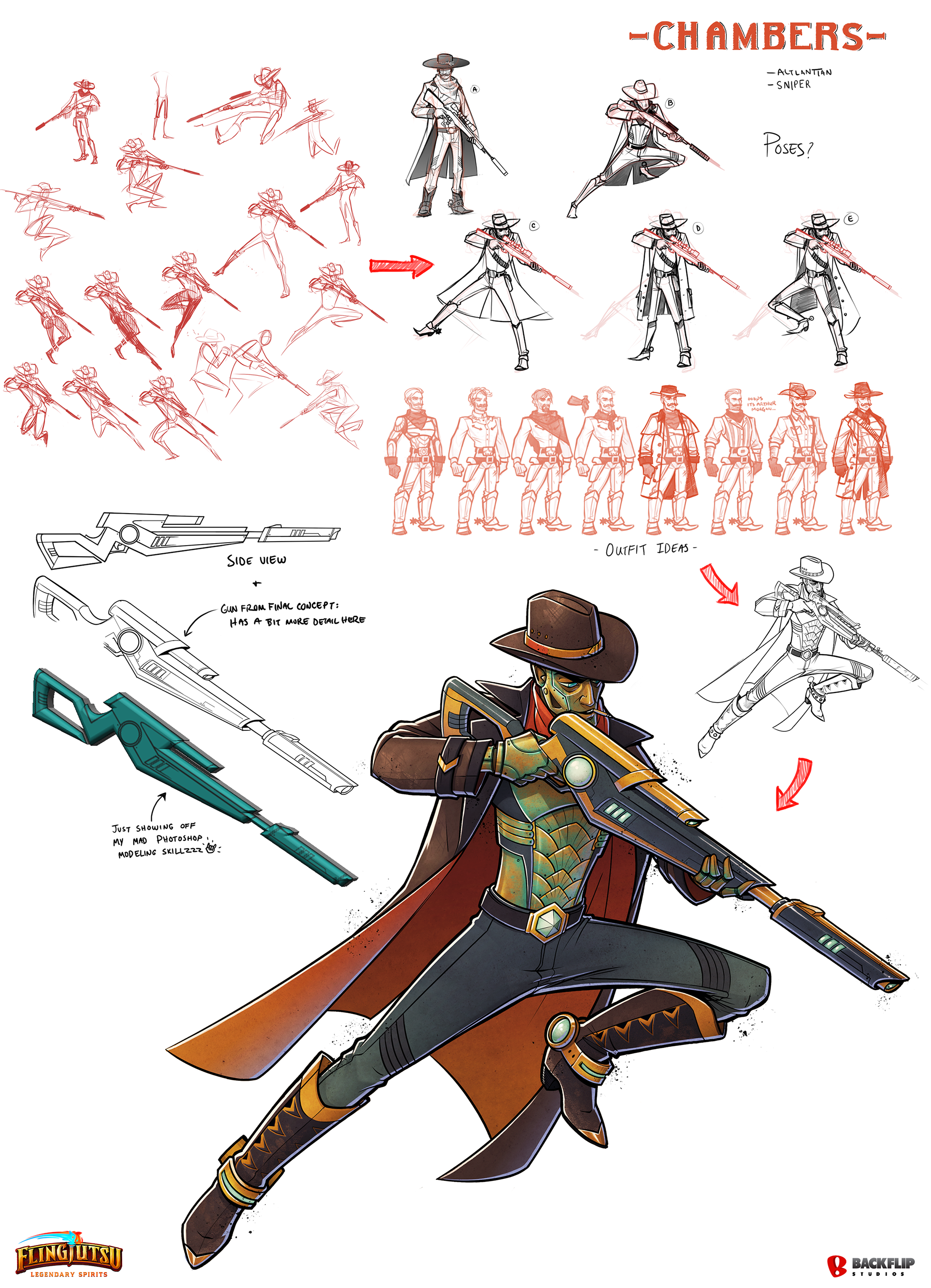 After receiving a description from a designer or writer from the team, this is how my process would typically go. Top Left: the initial thumbnails - here I focused on capturing an interesting pose full of energy and movement. Top Right: After determining pose, I would sketch some clothing/armor options and refine his final image. Bottom Left to right: a break-out image of the rifle, final action pose, and the final line art.