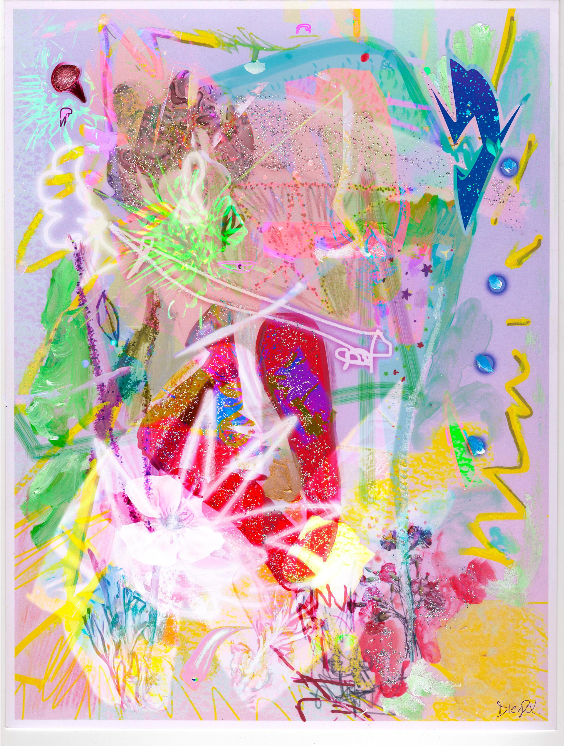 cosecha nr. 5, 2024. giclée, acrílico, crayón, glitter y plata sobre papel couché 40 x 53 cm