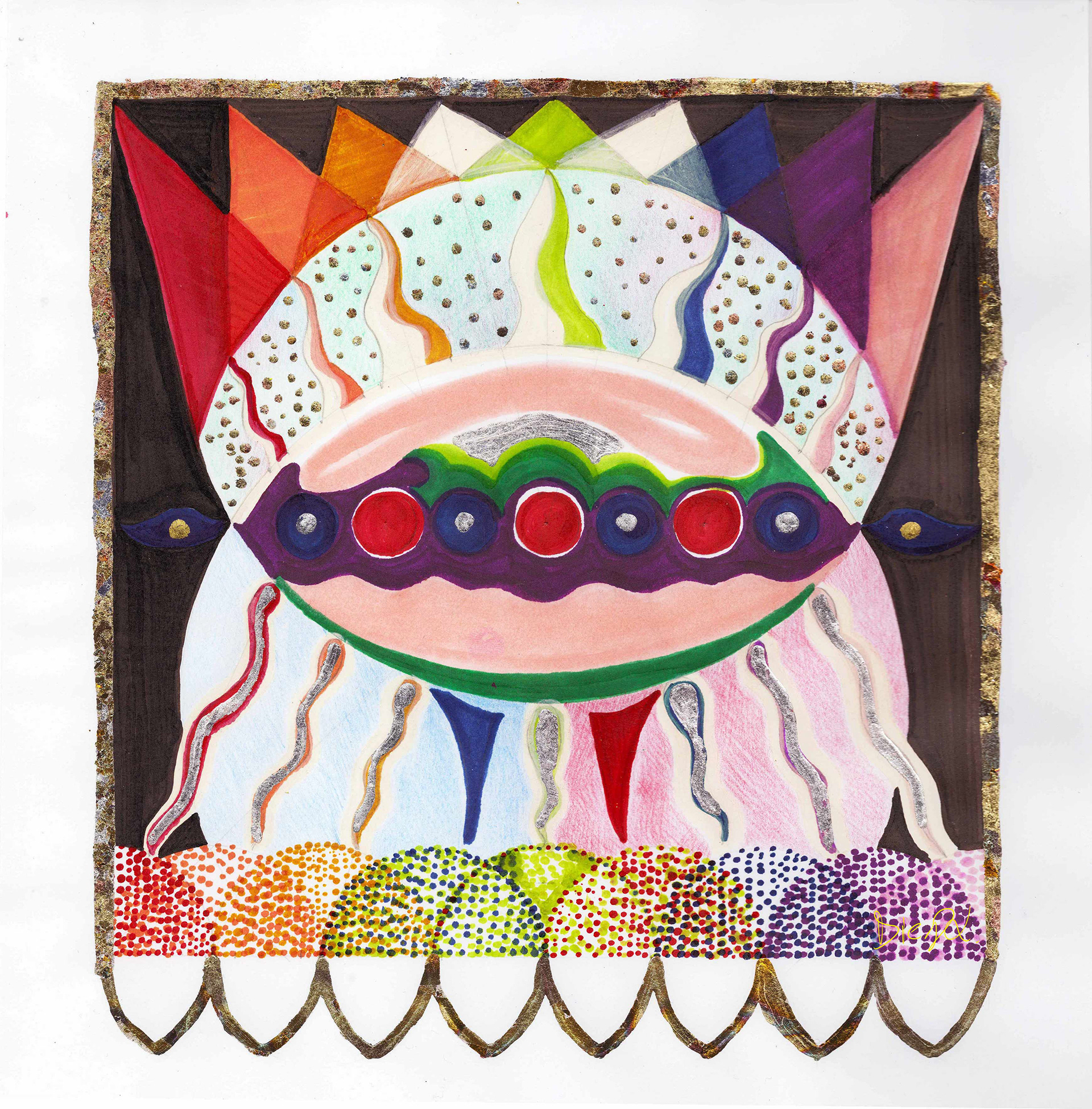 revelación nr. 4, 2024. marcadores sobre papel semi translúcido (70g/m2) y pan de metales. 21 x 23.7 cm.
