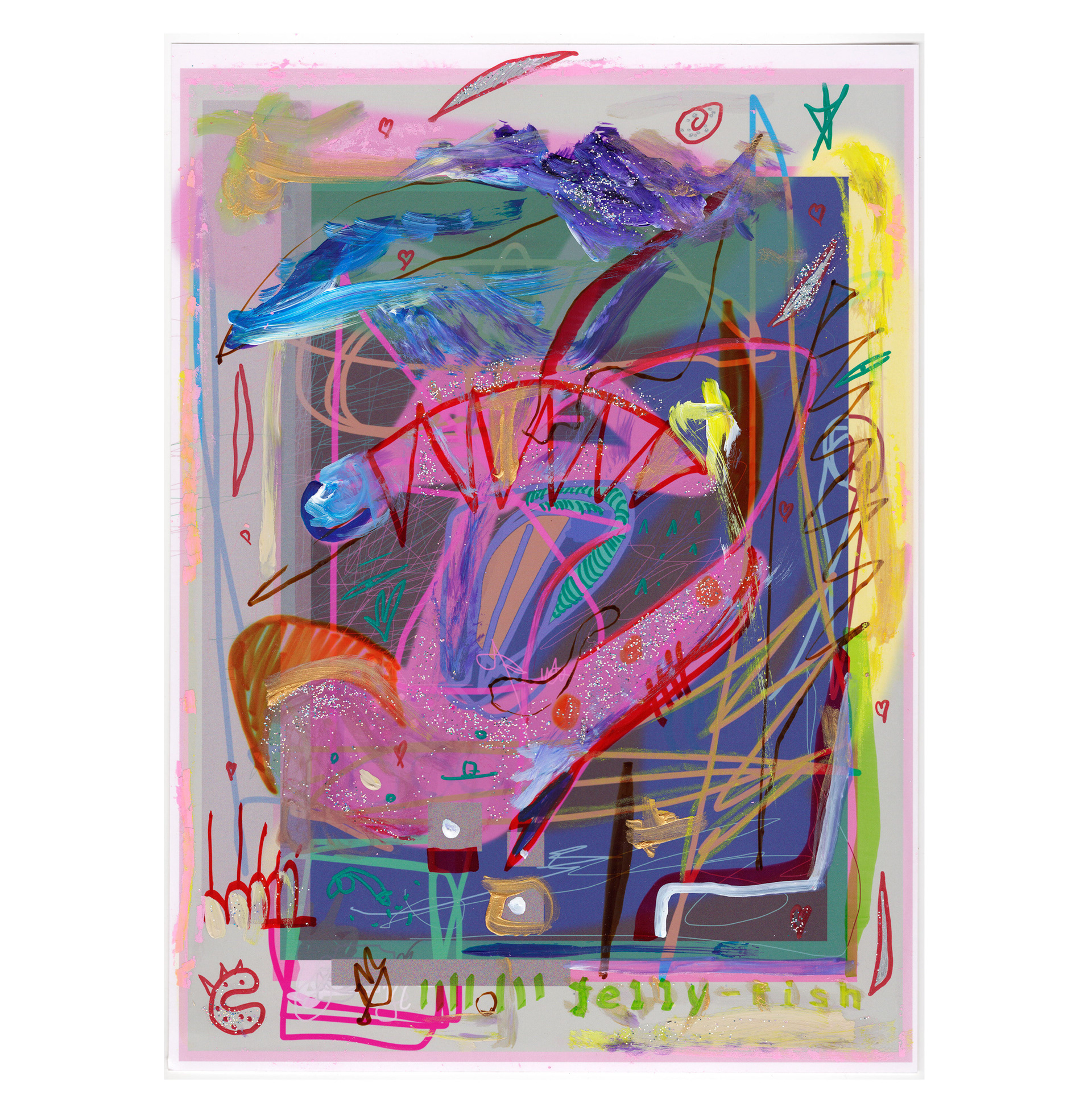 Jelly Fish, 2024. giclée, acrílico, crayón, glitter y plata sobre papel 27,1 x 37 cm.