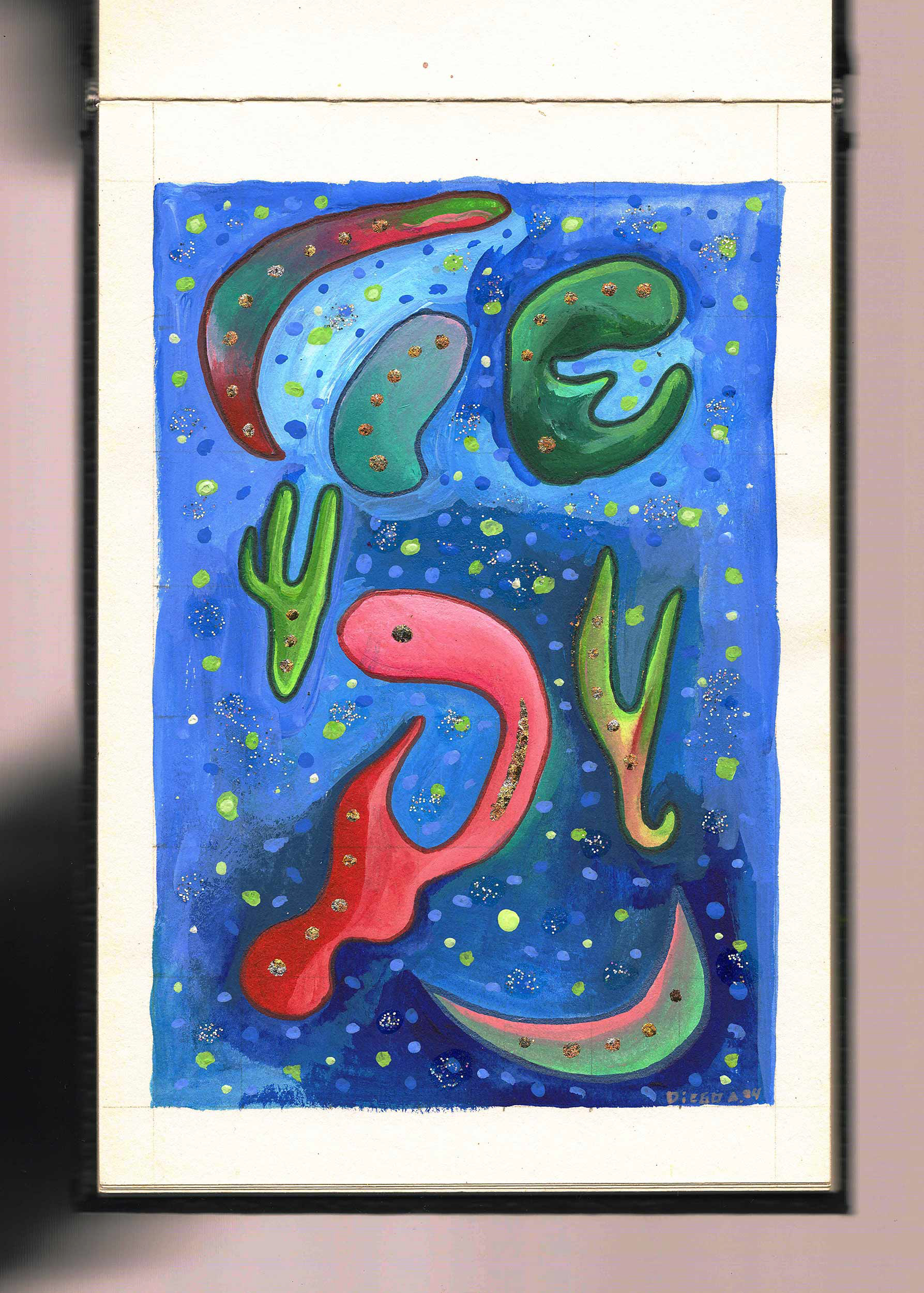 anomalía plasmoide nr. 3, 2024 acrílico, glitter y pan de metales sobre papel 14 x 20.7 cm.
