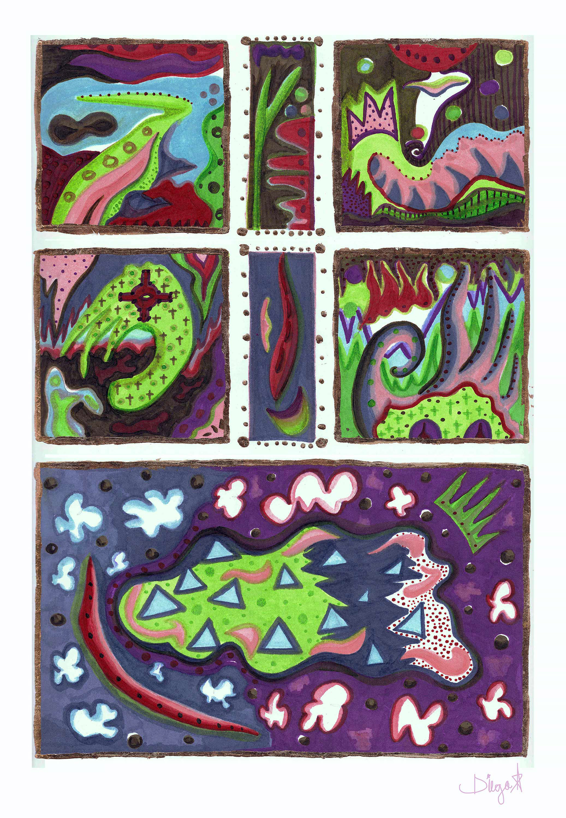 transmutaciones nr. 1, 2024. arte autómata. marcadores y pan de cobre sobre papel libre de ácido 22.8 x 32.5 cm.