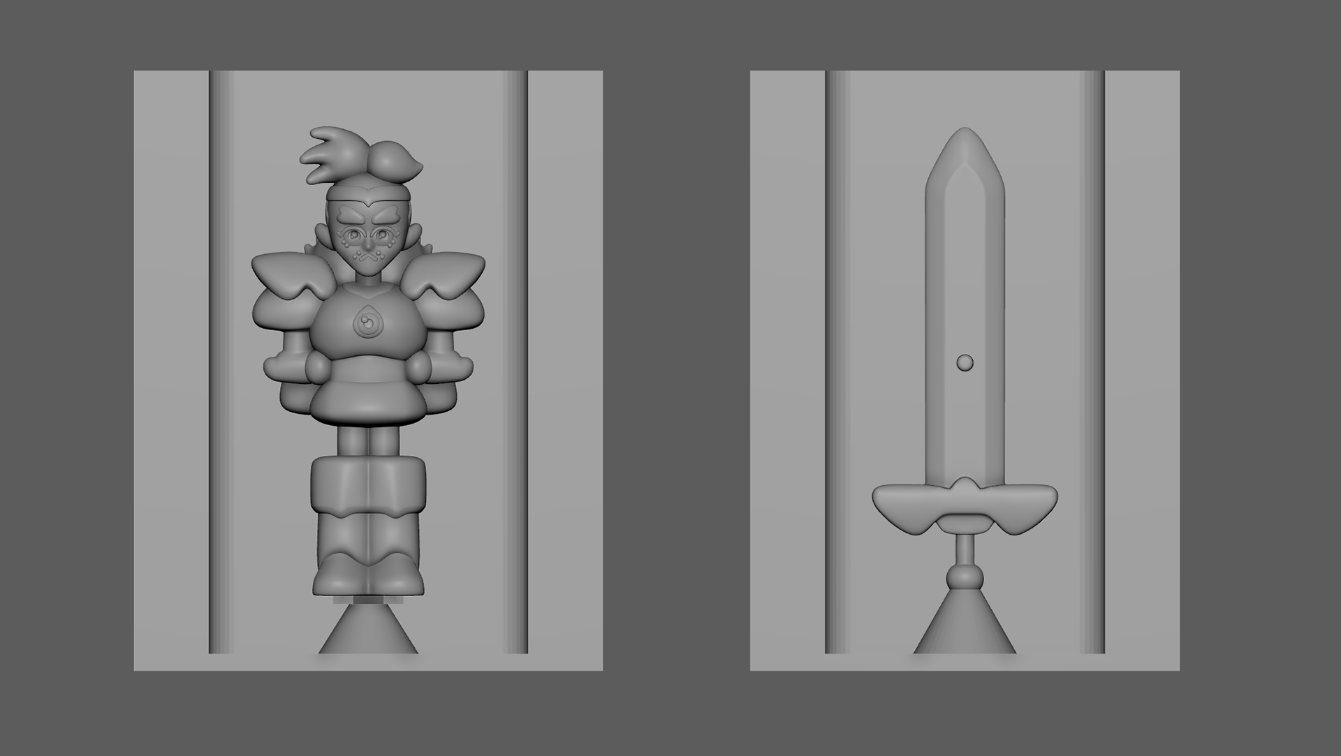I 3D printed all of the mold boxes and stands for the body and sword, and this is how I oriented the masters for the molds