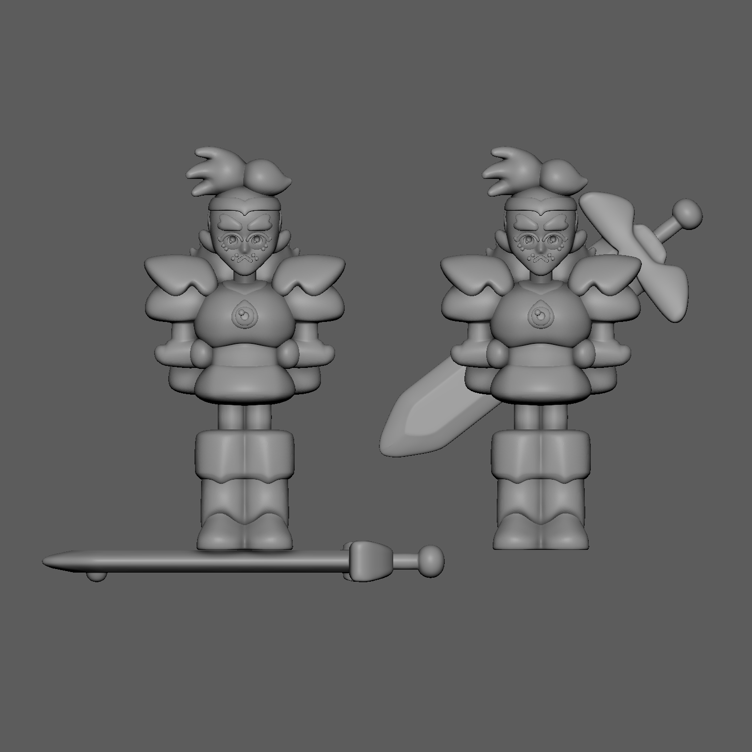 The sword has a peg that fits into holes in both the feet and back