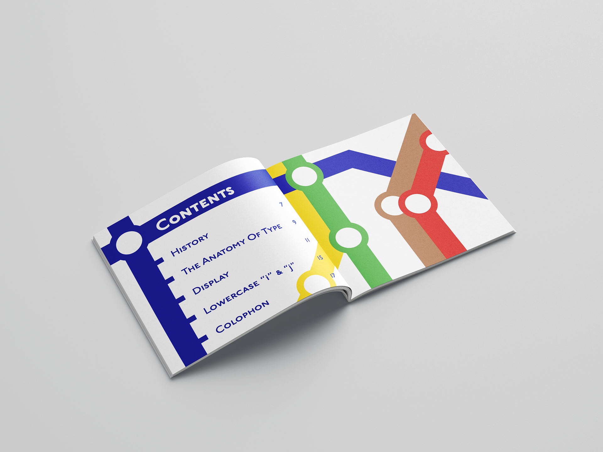 This content page features design elements inspired by subway lines on a map, aligning with the theme of the typeface prominently used for subway signage and maps.