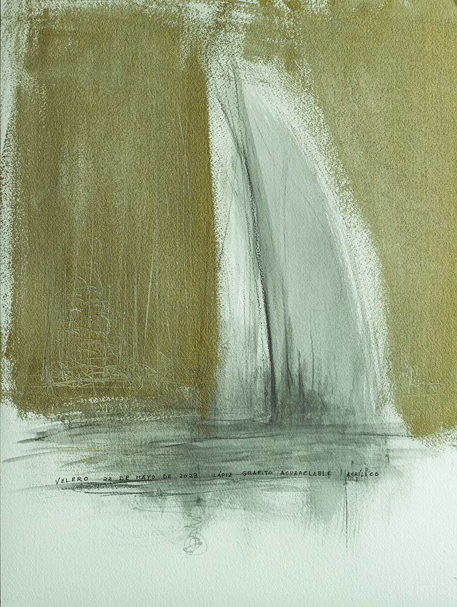 Sailboat, 2023. Mixed media on paper, 41x31 cm, 150 €