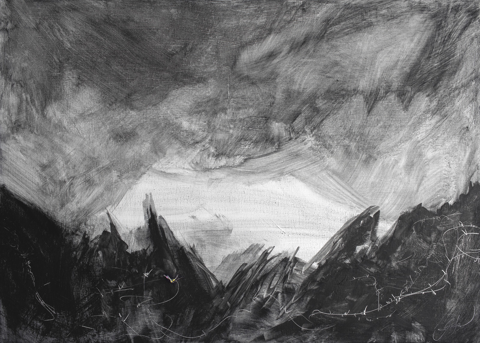 Pájaros en la montaña, 2023. Acrílico, carboncillo y lápices acuarelables sobre lienzo, 70x50 cm, 525 €
