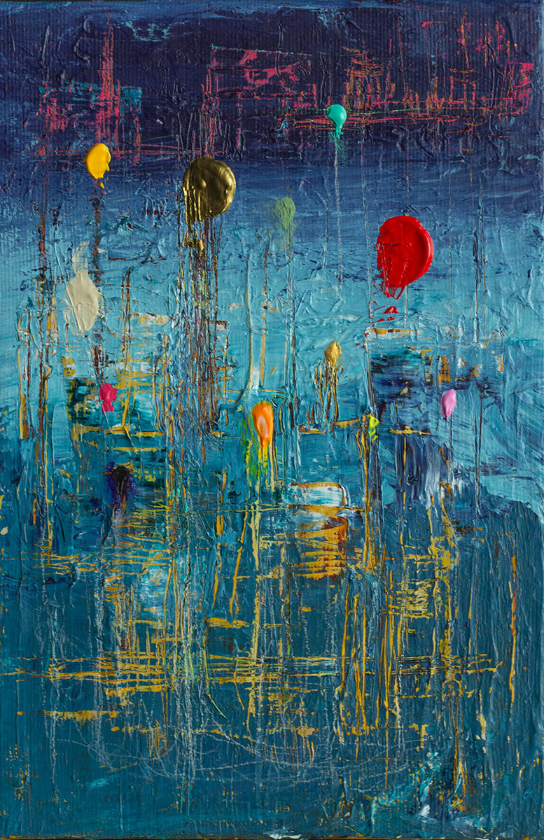 Musical balloons, 2023. Acrylic and watercolor pencils on canvas, 24x16 cm, sold