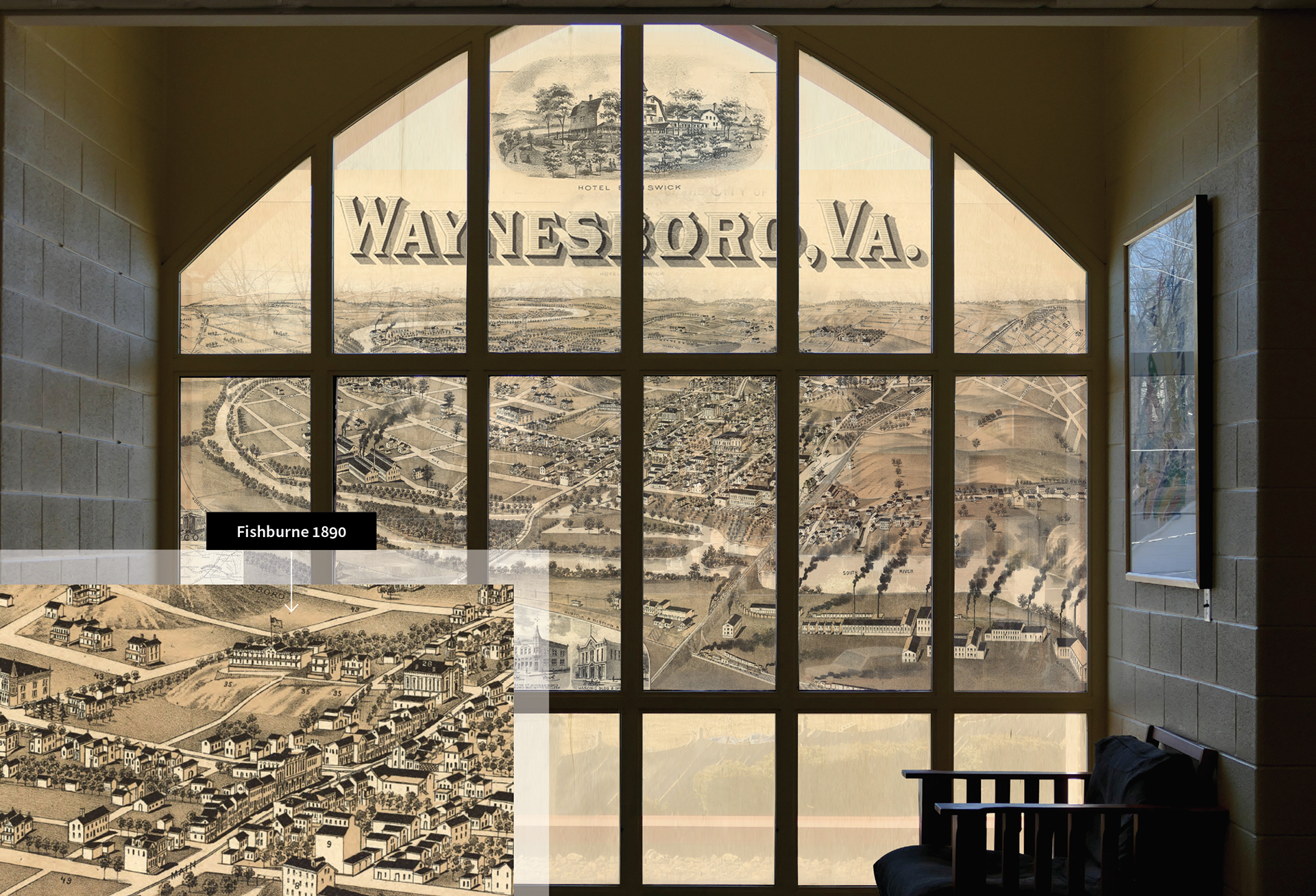 Glass graphics of remastered Library of Congress 1890 perspecitve map of Waynesboro created to mask backyard ‘junk’ across street.