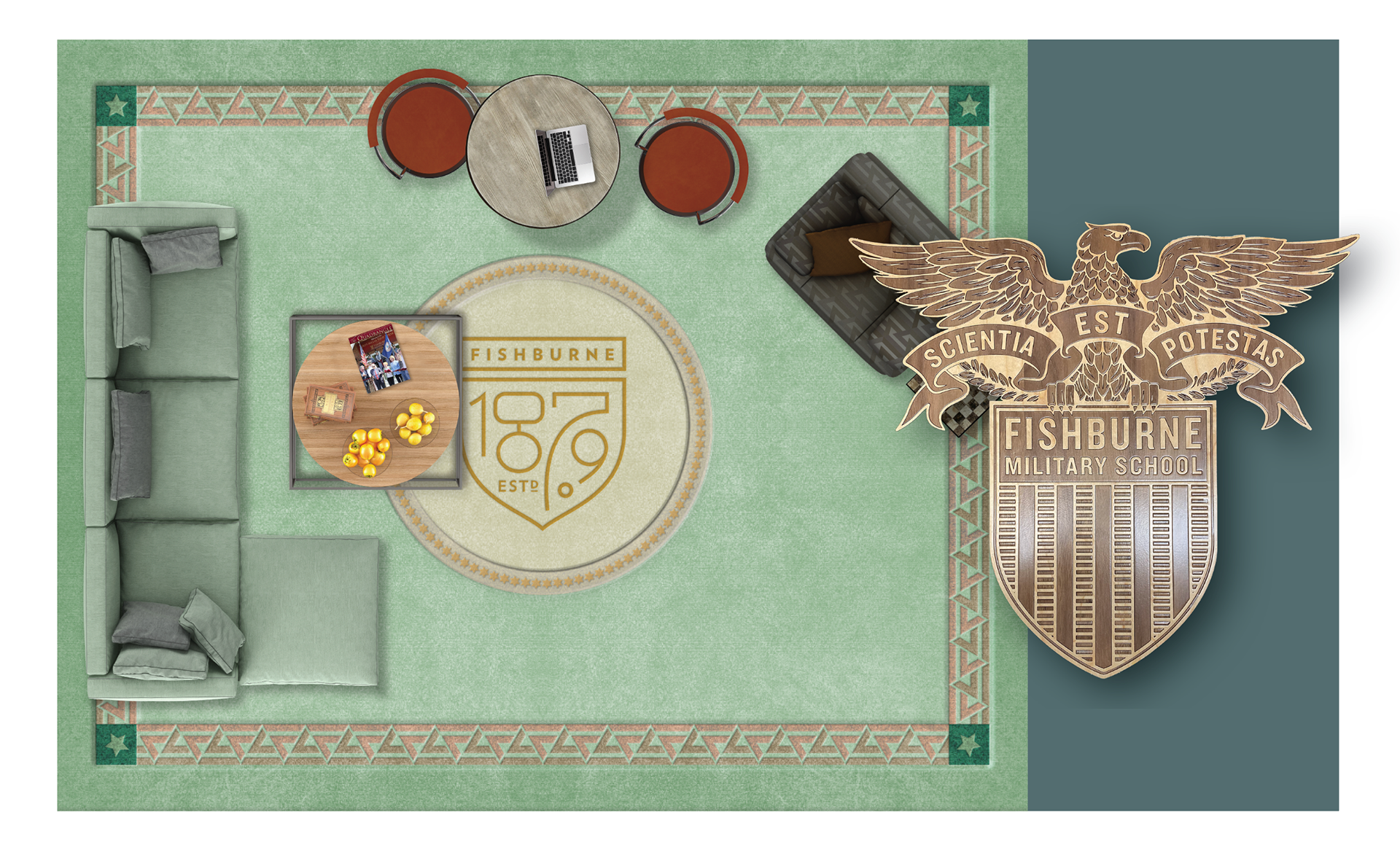 Memorial Hall Welcome Center custom printed rug (20 x 16 feet) (1 of 2). Laser-cut wood Shield for podium.