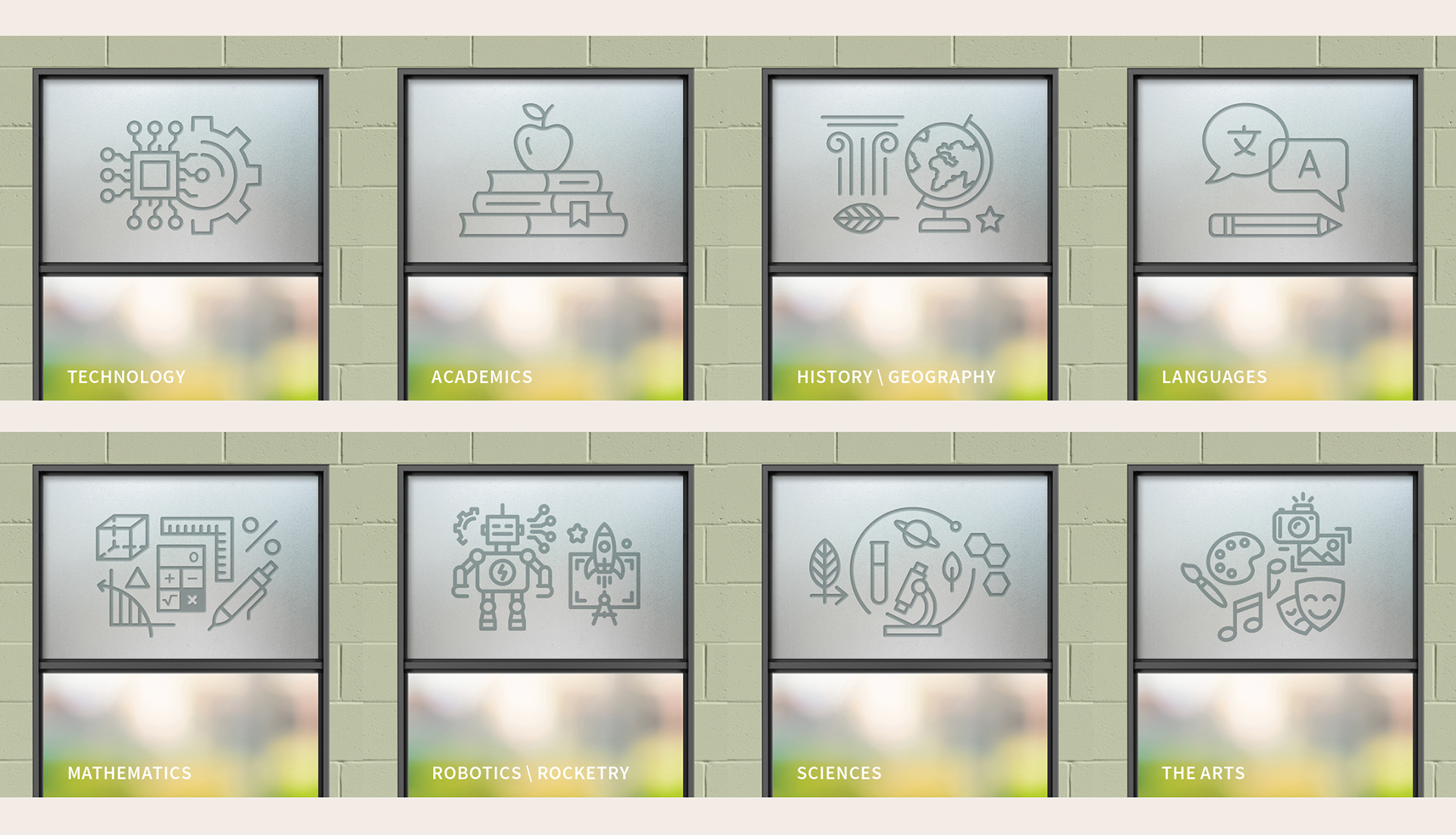 Regrouped brand icons etched in frosted glass windows; Hobby-Hudgins Library (8 of 10 shown).