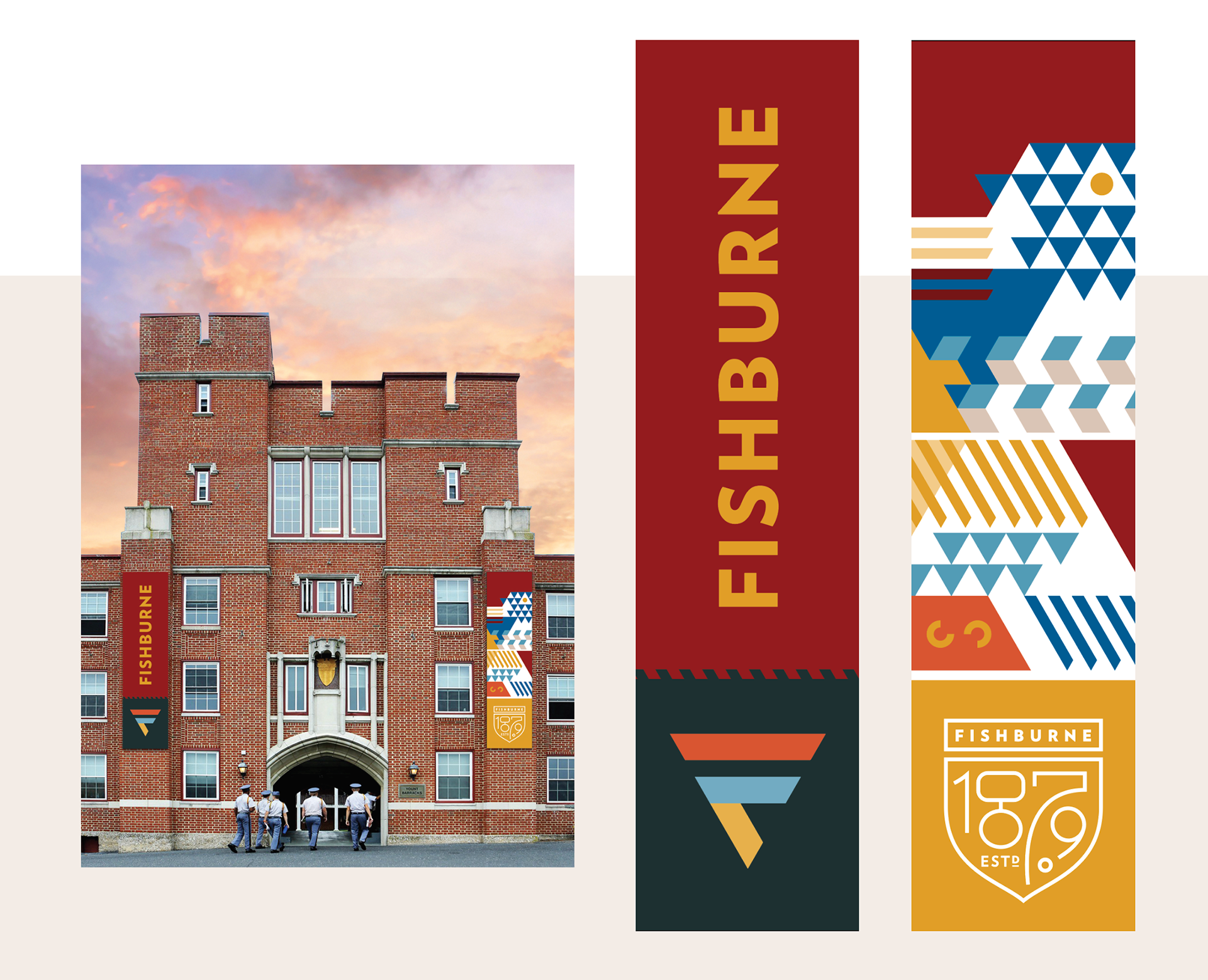 Yount Barracks Banners (4 x 30 feet). Laser-cut dimensional Shield within niche.