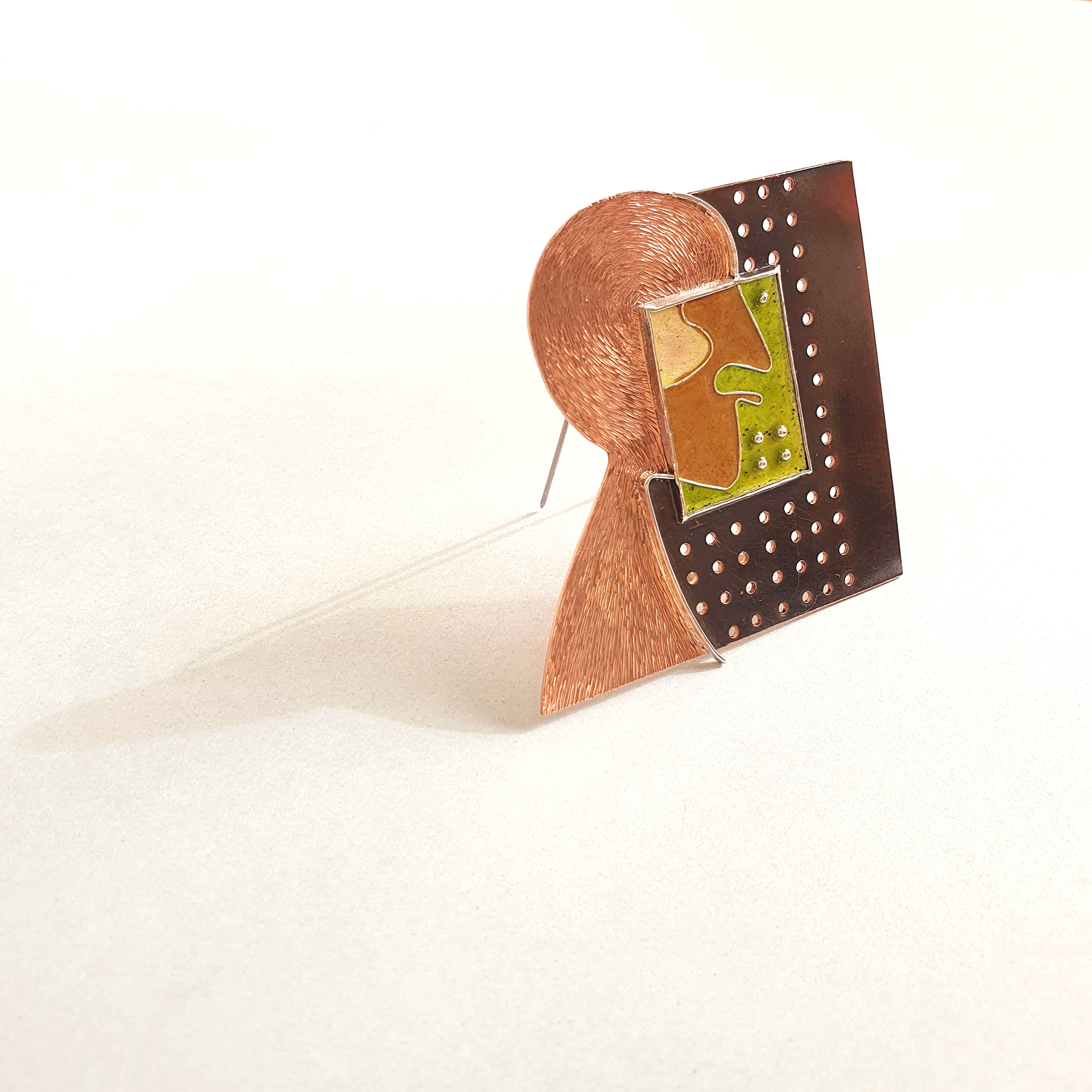 Untitled – brooch, 2020. Sterling silver, copper, vitreous enamel, steel pin